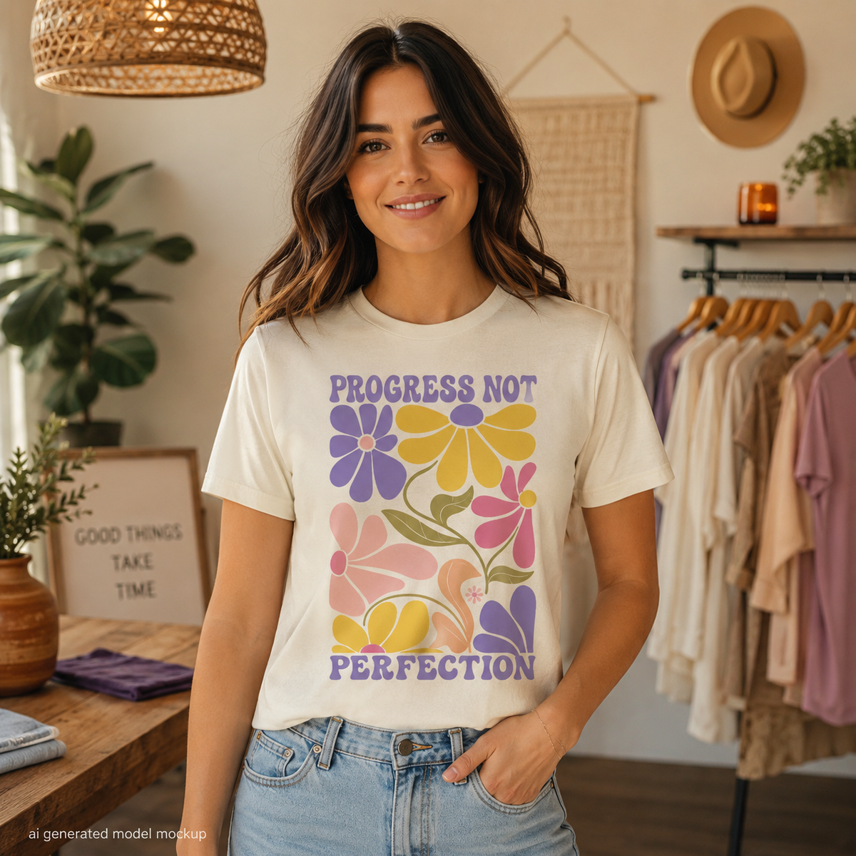 Cream t-shirt with colorful floral graphic and text "PROGRESS NOT PERFECTION".