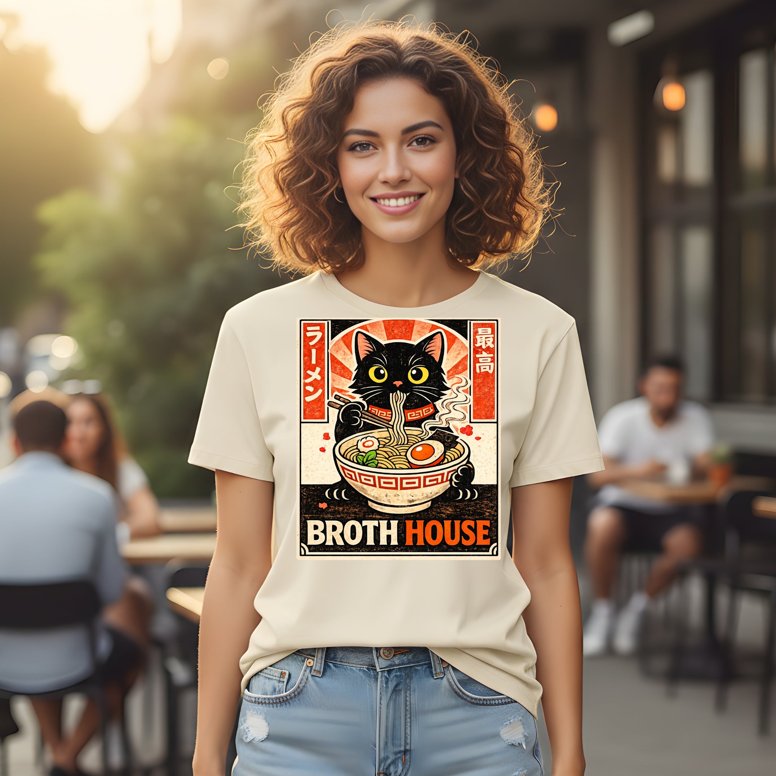 Cute Cat Eating Ramen Broth House Graphic T-Shirt