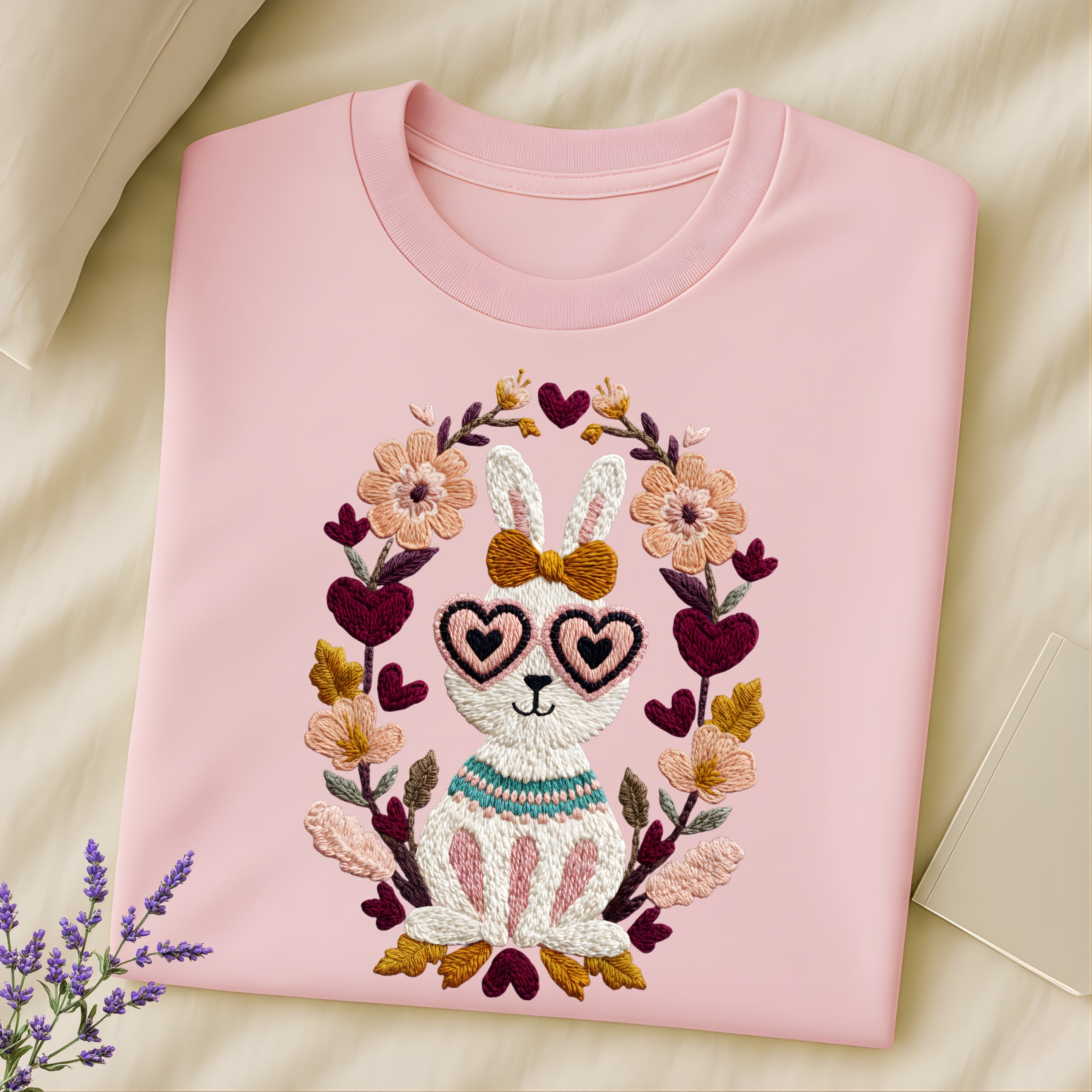 Cute Bunny with Heart Glasses Embroidered Shirt