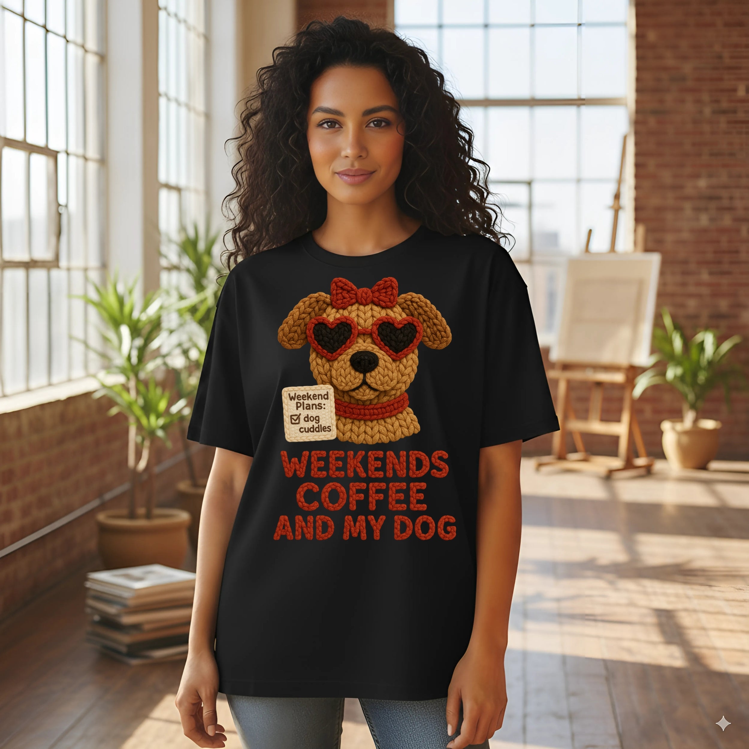 Woman wearing black t-shirt with "Weekend Plans: Dog Cuddles and My Dog" text.