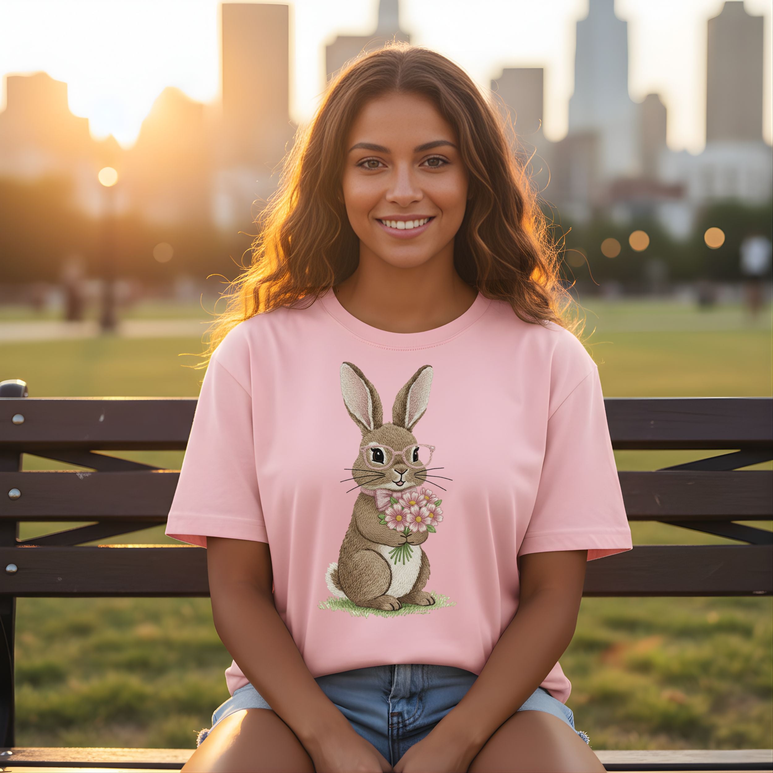 Adorable Bunny Holding Flowers Graphic Tee Shirt