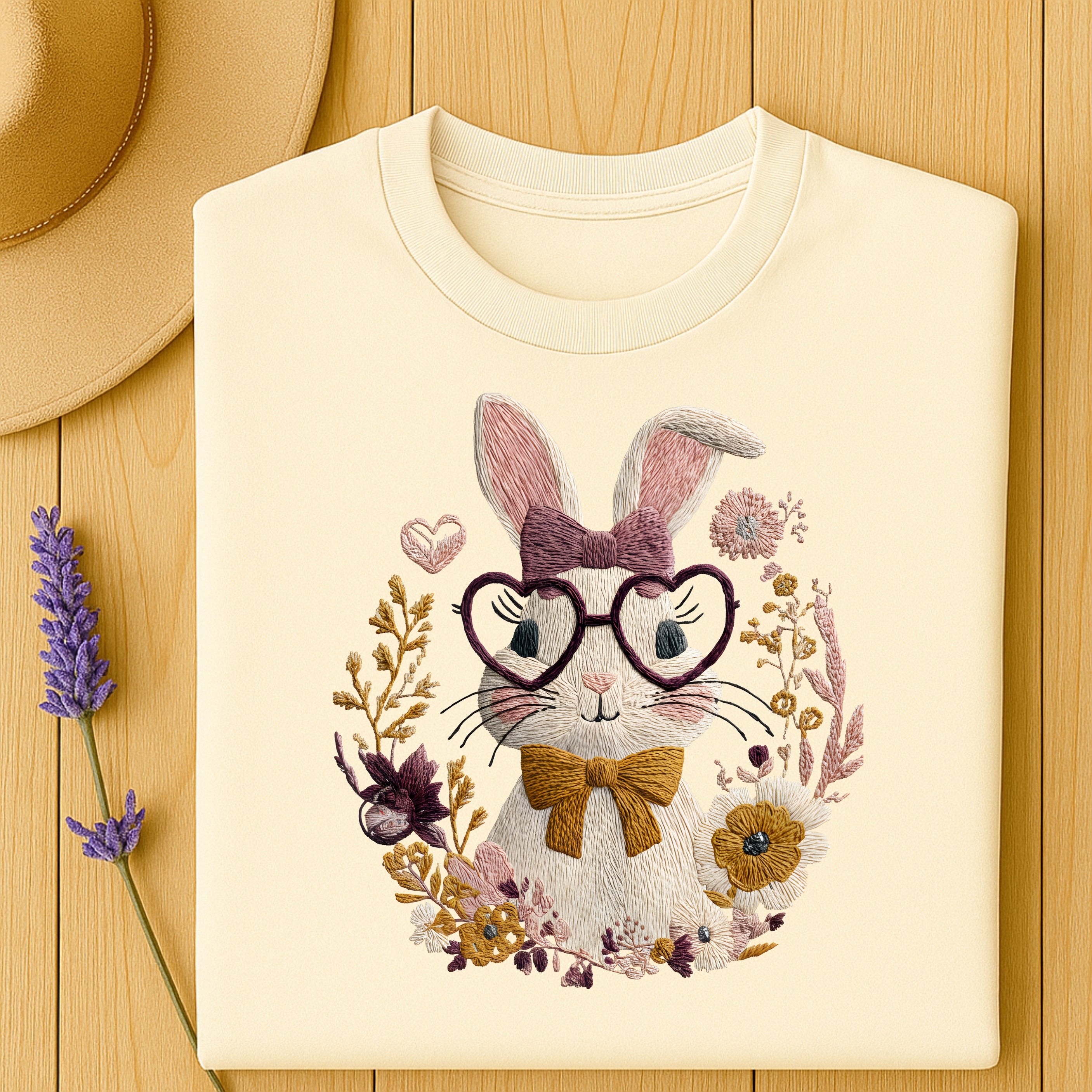 Whimsical Bunny with Glasses Embroidered T-shirt Design
