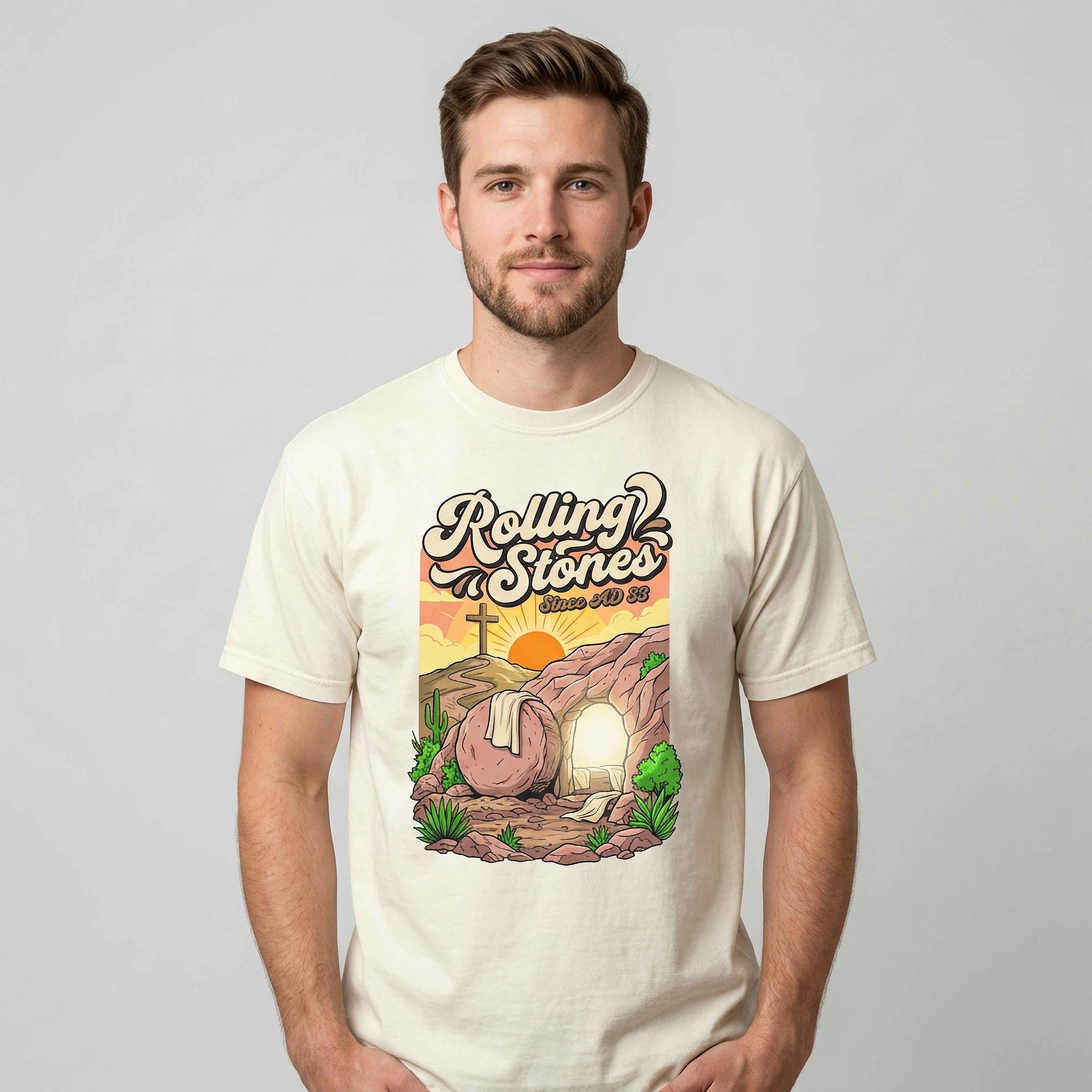 Cream t-shirt with Rolling Stones "Since 1988" logo above tomb illustration.