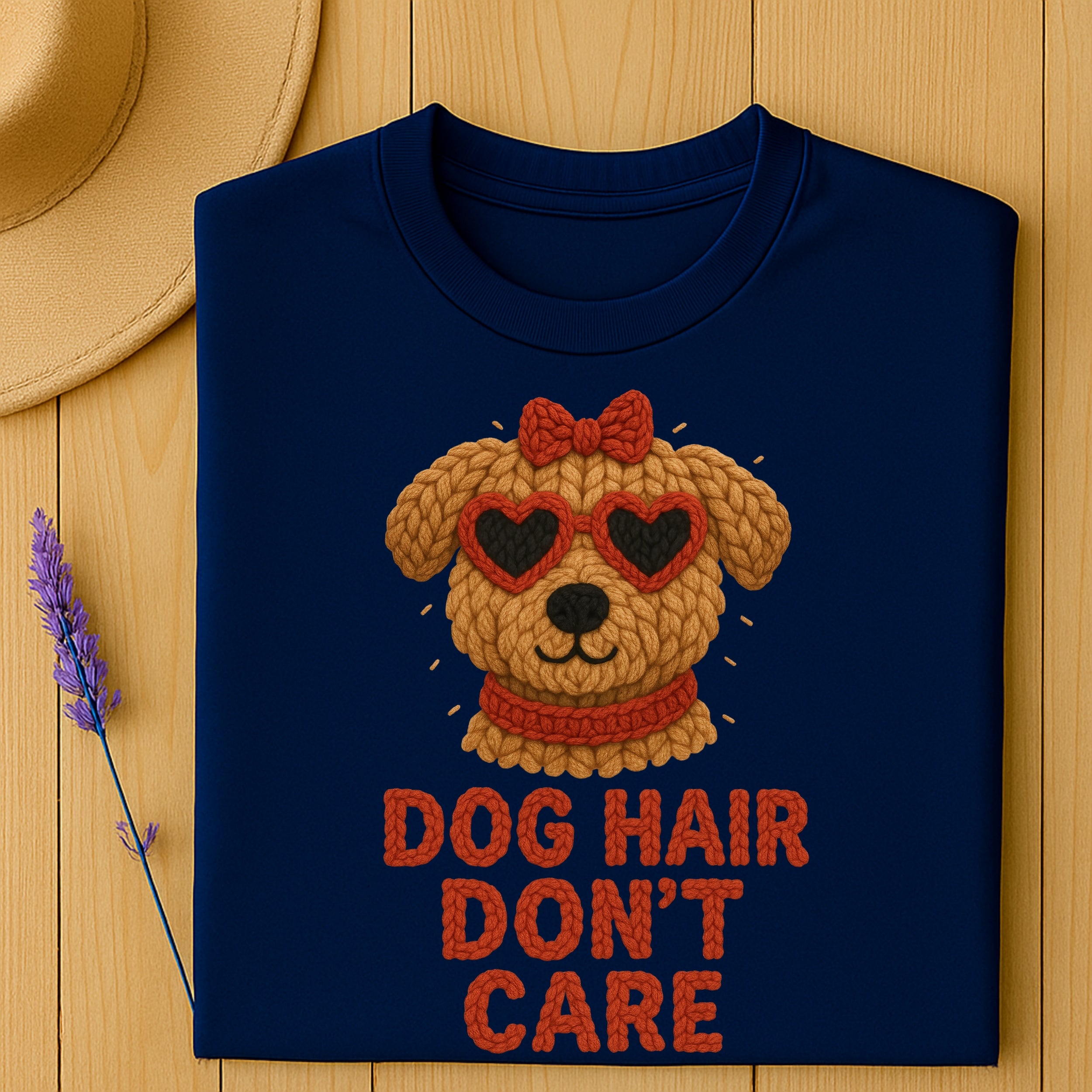 Navy sweatshirt with a knitted dog wearing heart sunglasses and "Dog Hair Don't Care" text.