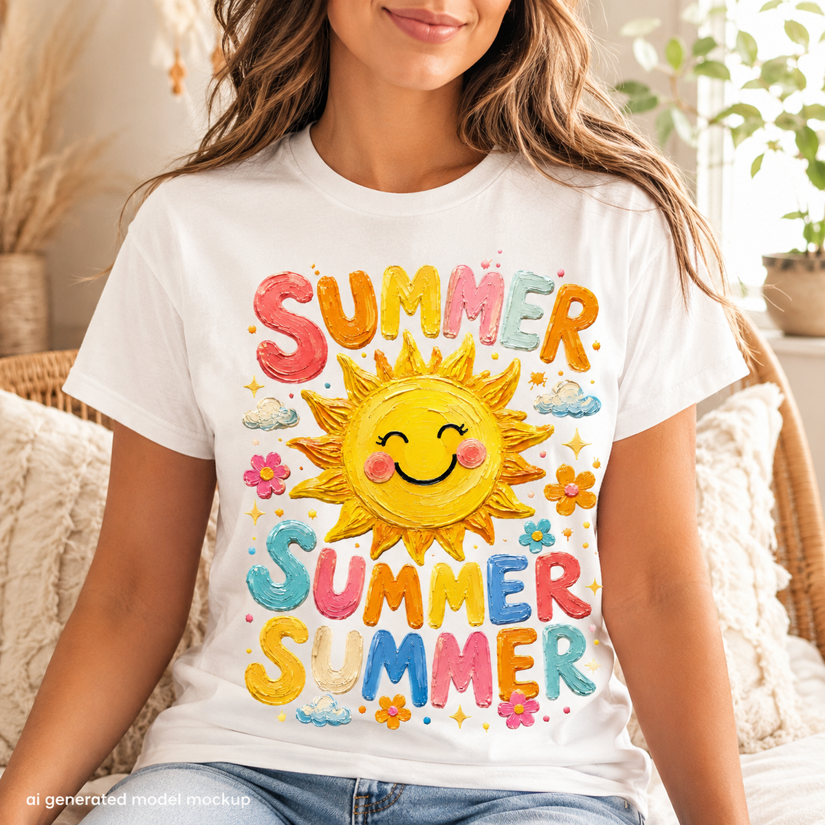 White t-shirt with a smiling sun graphic and colorful "SUMMER SUMMER" text.