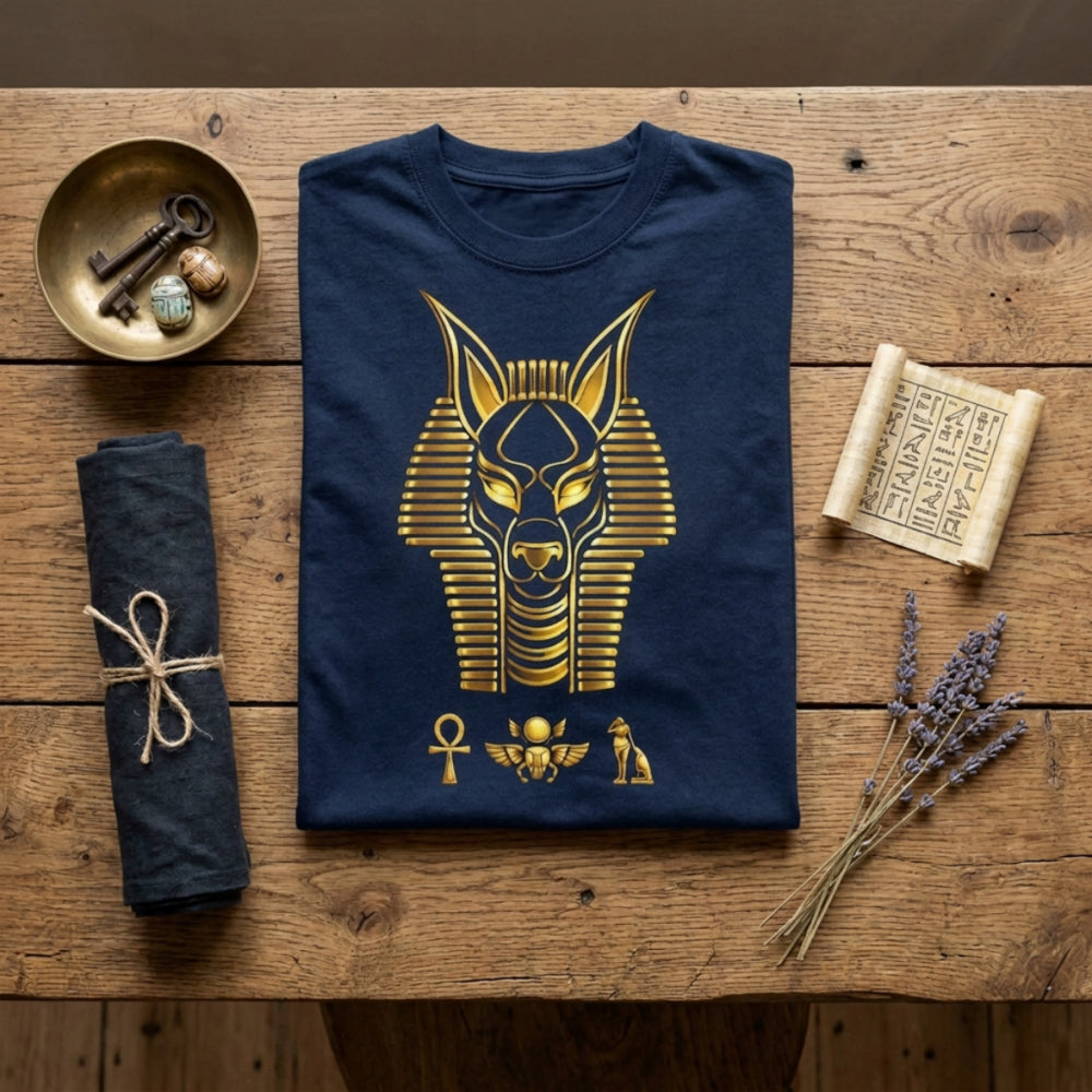 Navy t-shirt with gold Anubis mask, ankh, and scarab beetle graphic.