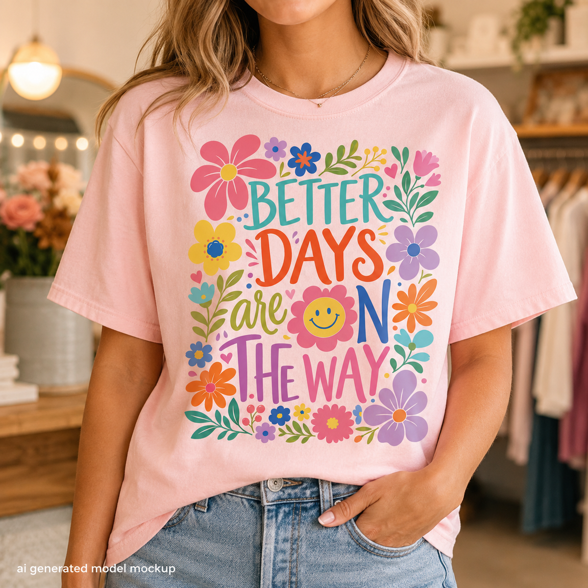 Pink t-shirt with colorful floral graphic and text "BETTER DAYS are ON THE WAY".