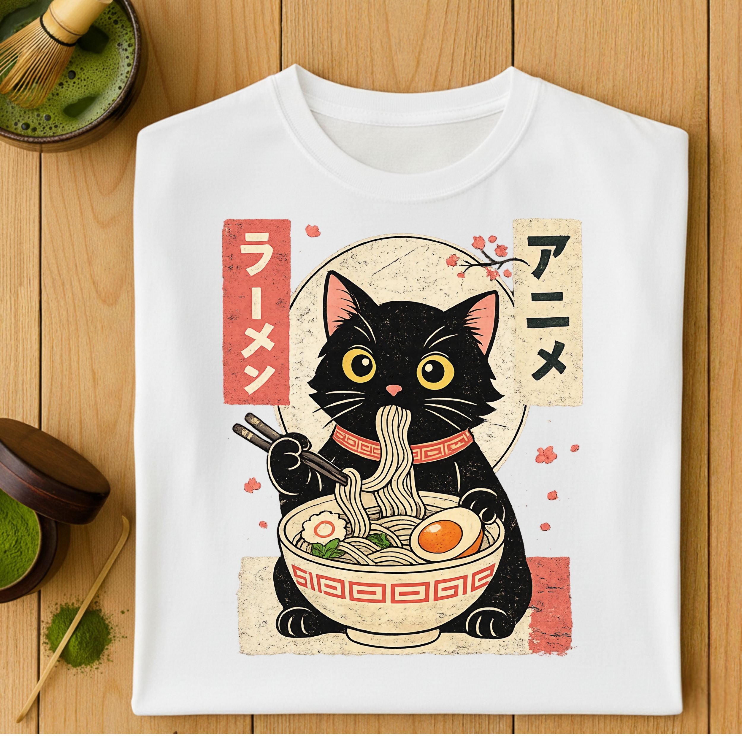 Black Cat with Ramen Japanese Anime Style T-Shirt