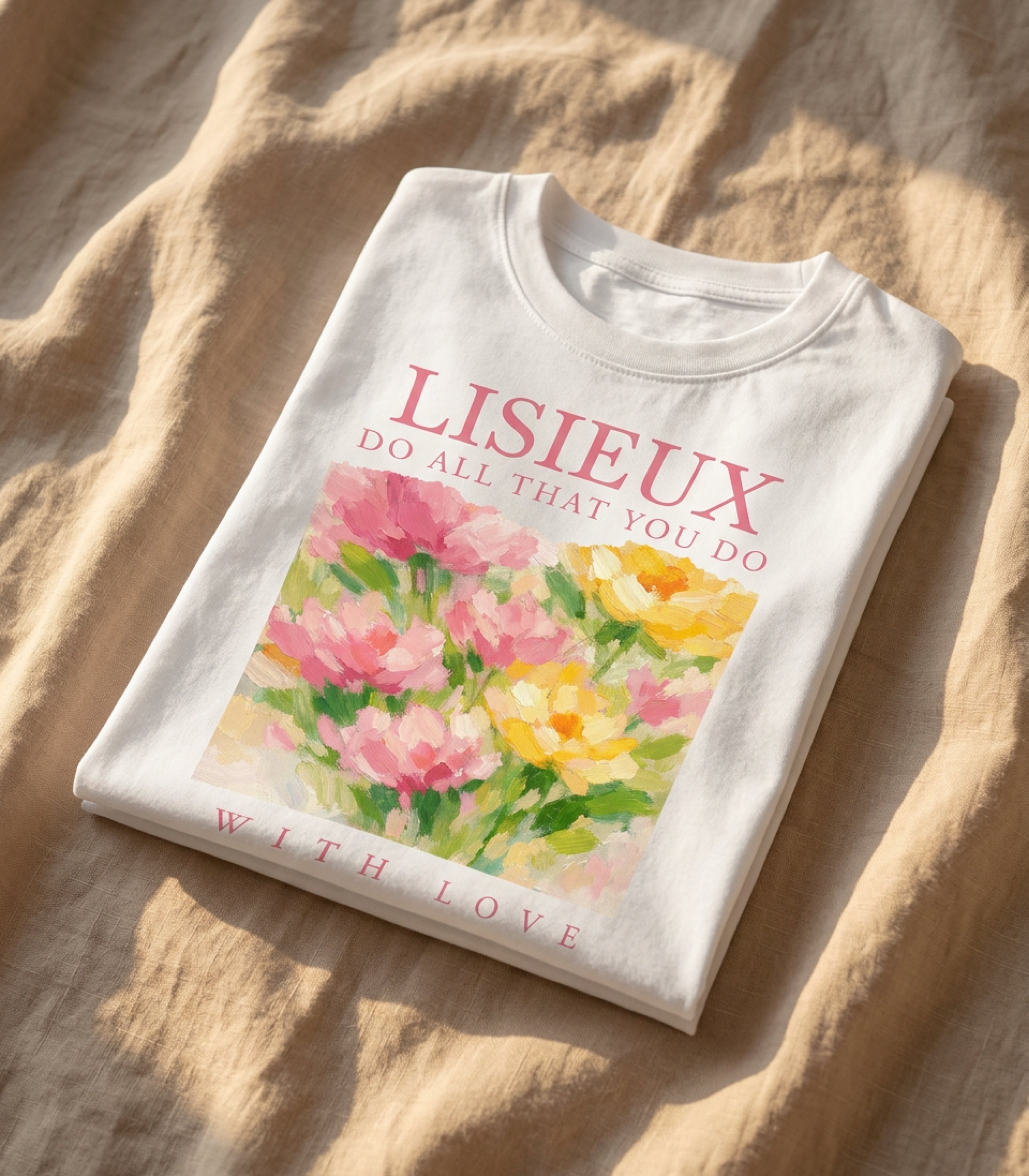 White t-shirt with "LISIEUX DO ALL THAT YOU DO WITH LOVE" and floral painting.