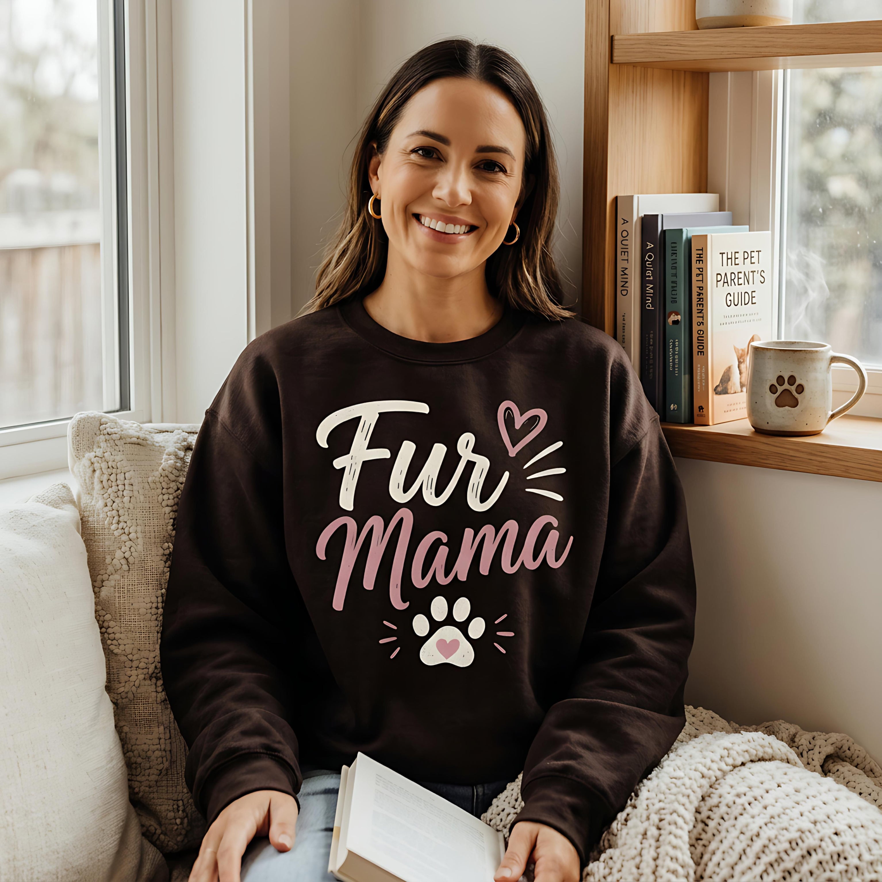 Brown sweatshirt with "Fur Mama" text and paw print design.