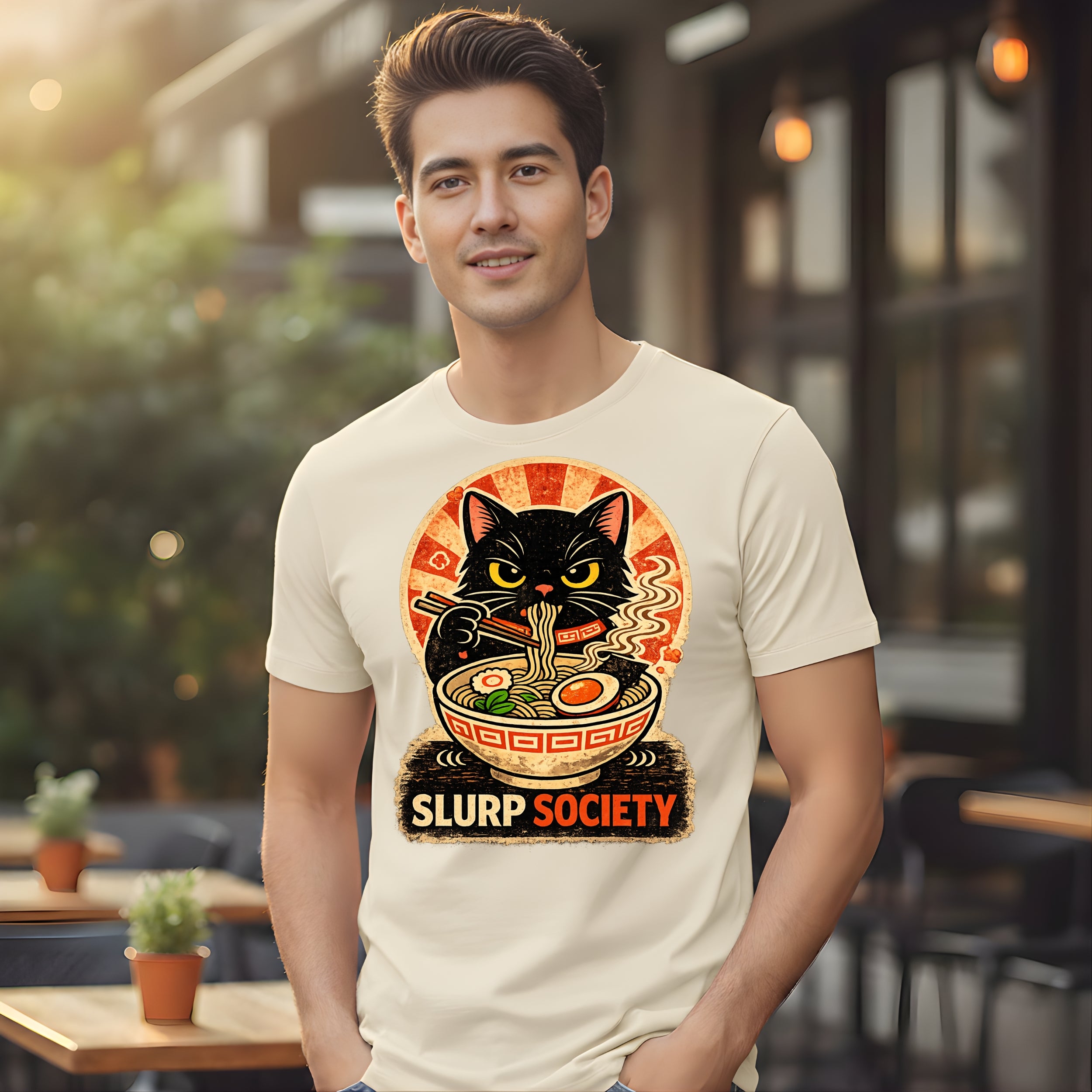 Slurp Society Cat Eating Ramen Graphic T-shirt