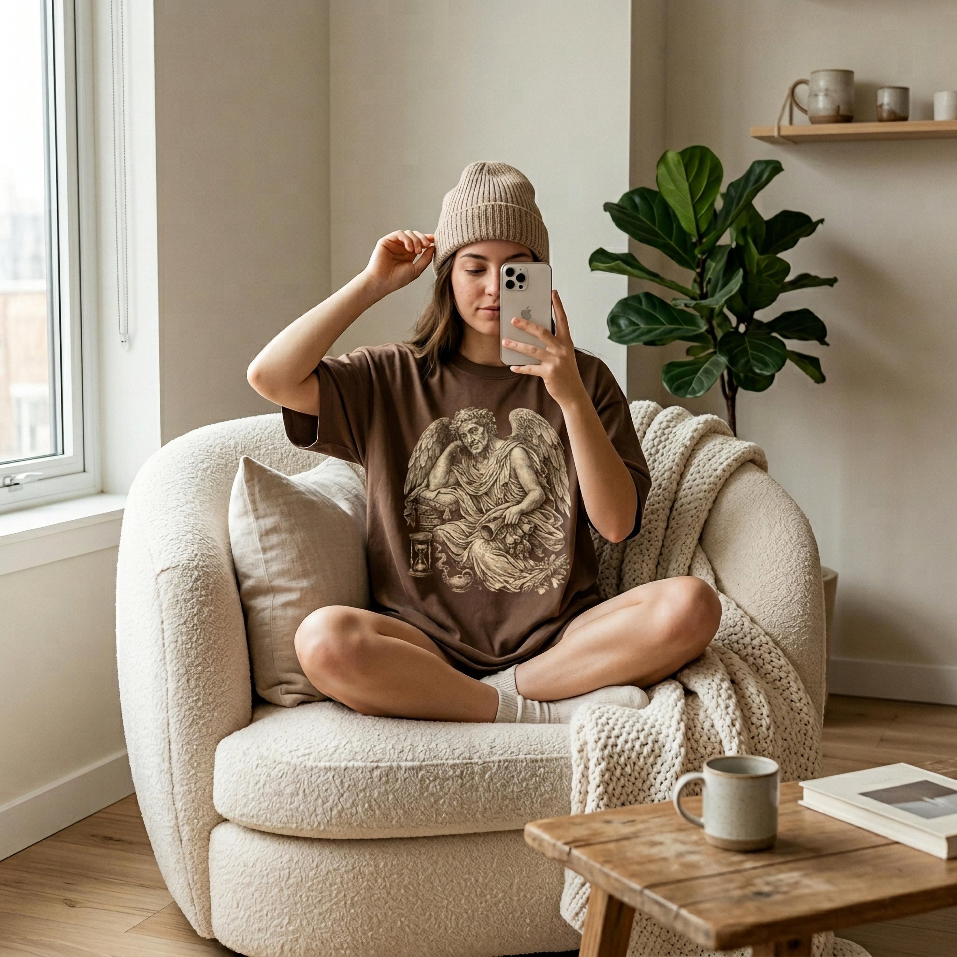 Woman in brown graphic t-shirt and beanie sitting in armchair with phone.