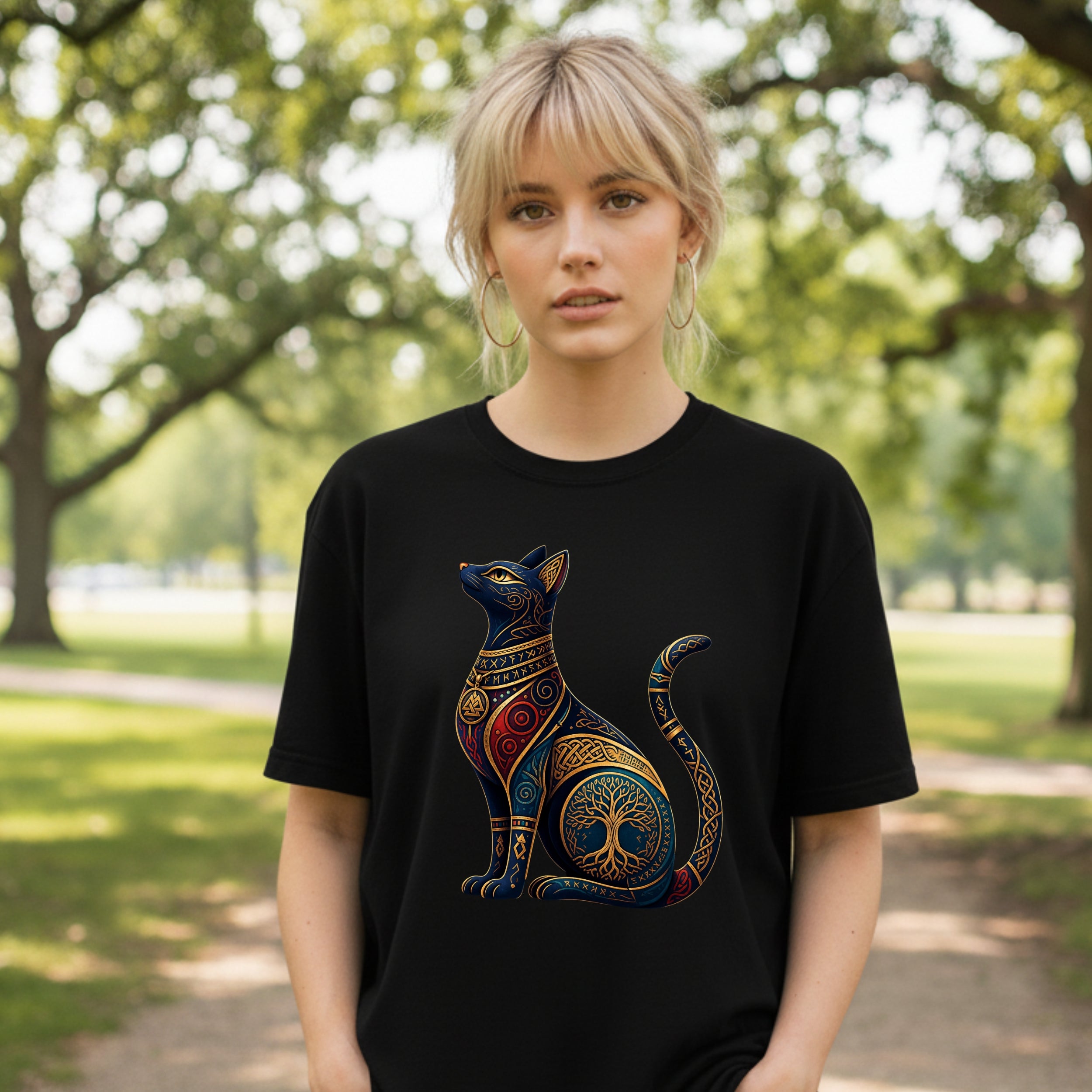 Black t-shirt with a colorful cat and tree of life design.