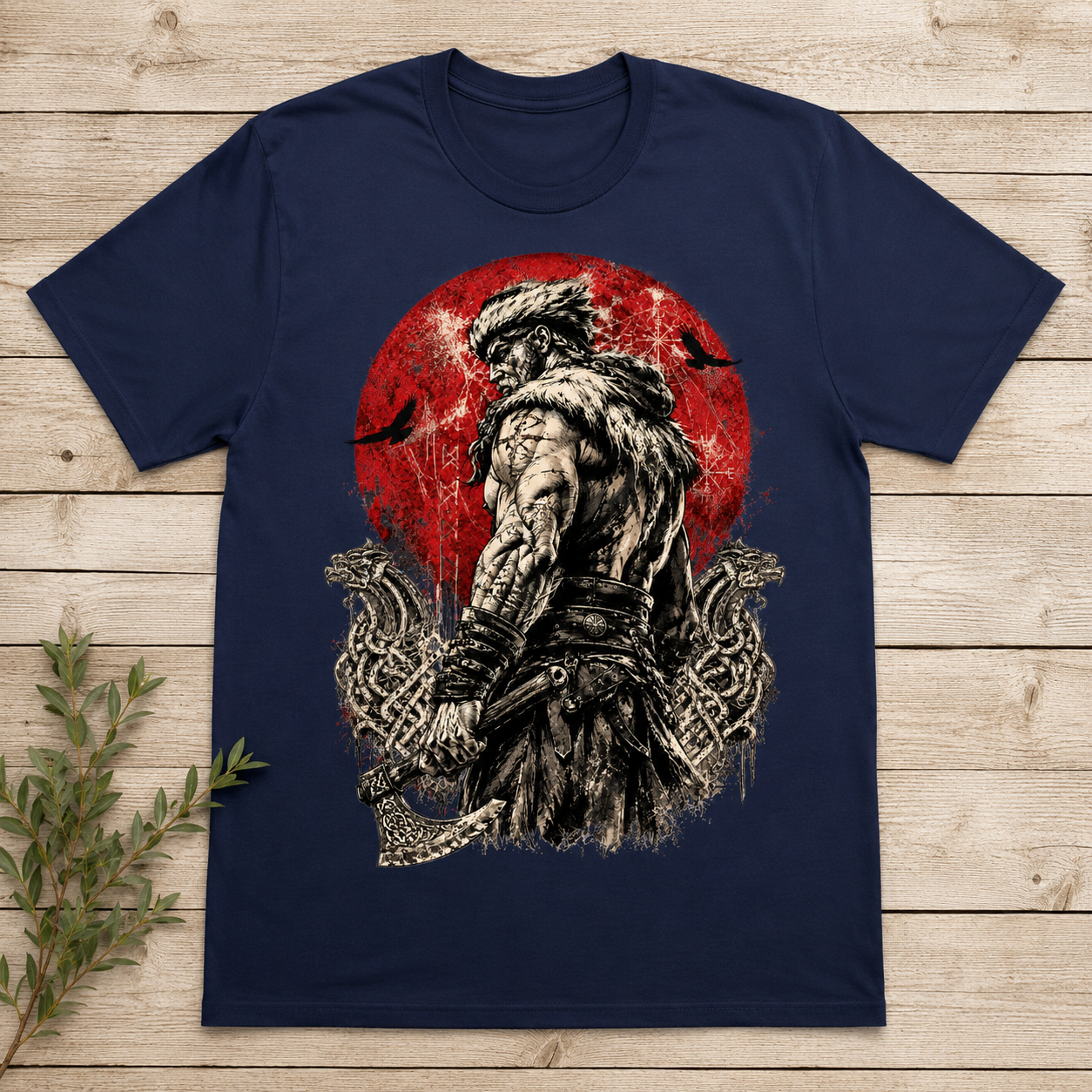 T-shirt featuring a muscular Viking warrior with an axe against a red sun and dragon heads.