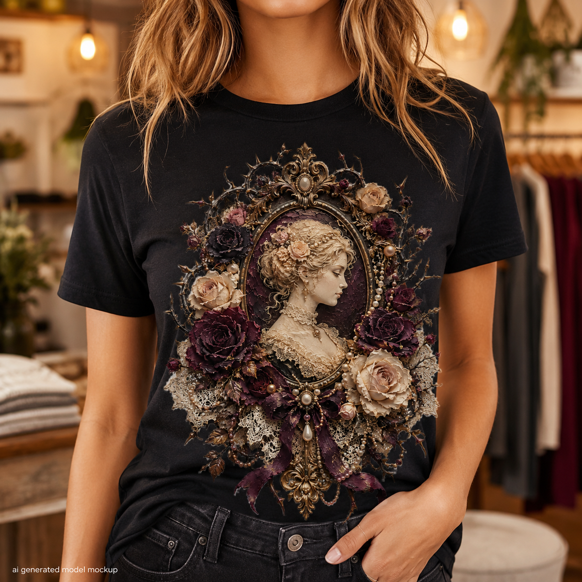 Black t-shirt with ornate oval portrait of a woman surrounded by roses and lace.