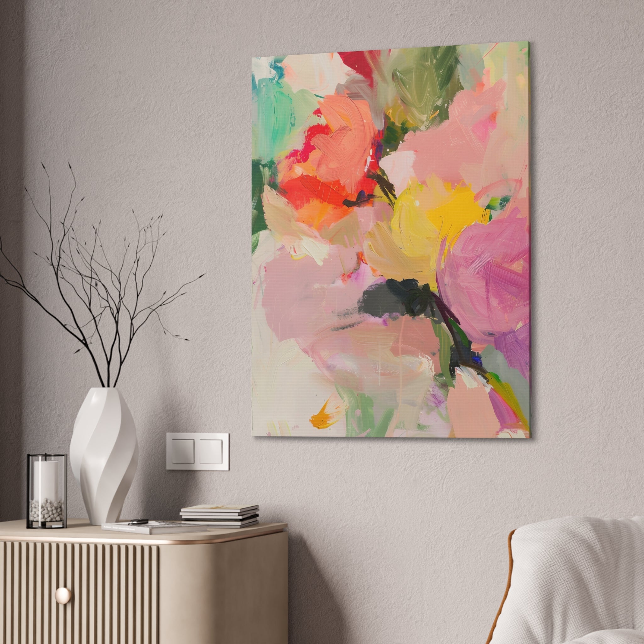 Abstract Floral Painting in Pink and Yellow with Soft Brush Strokes and Paint Splatters - Craig Michael Design