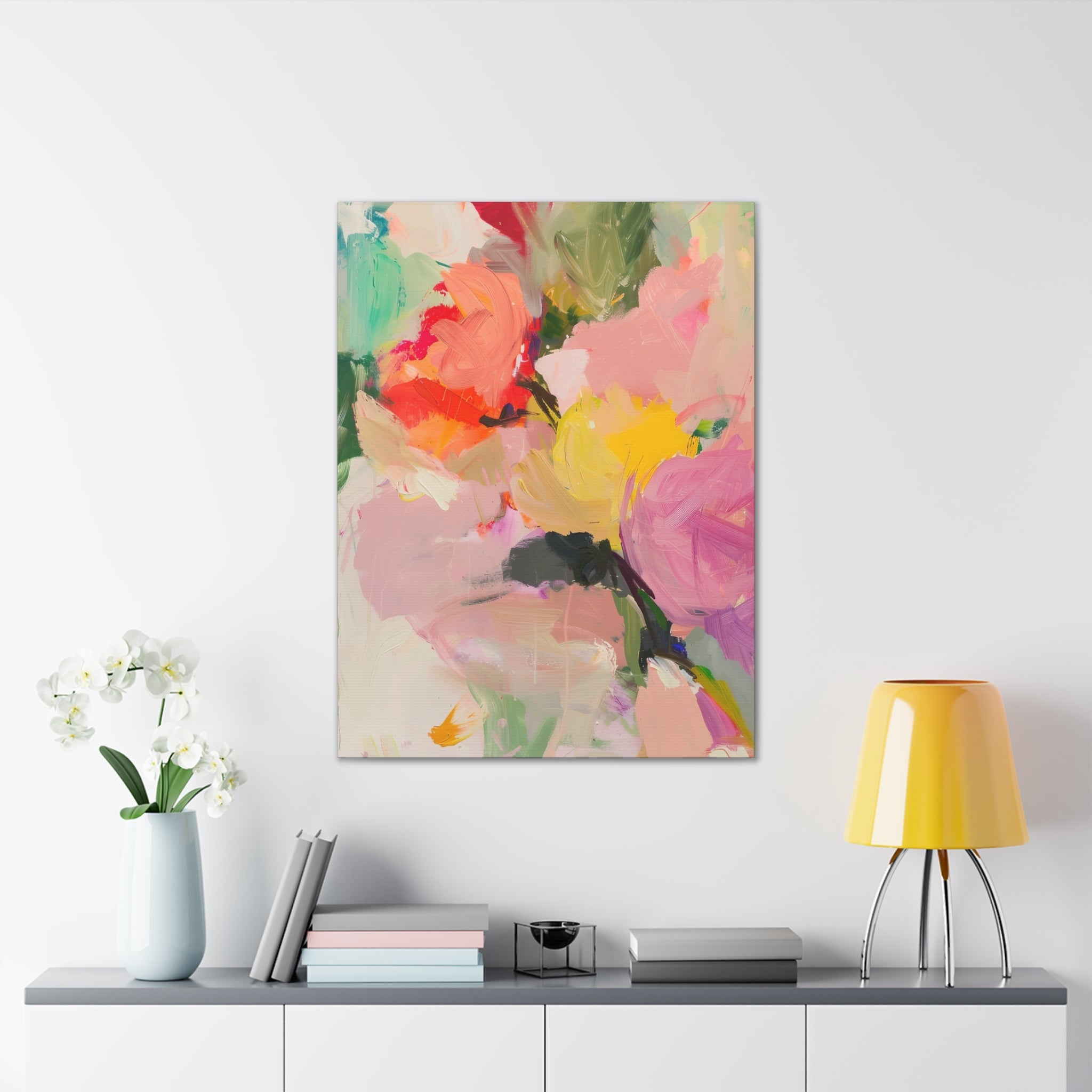 Abstract Floral Painting in Pink and Yellow with Soft Brush Strokes and Paint Splatters - Craig Michael Design