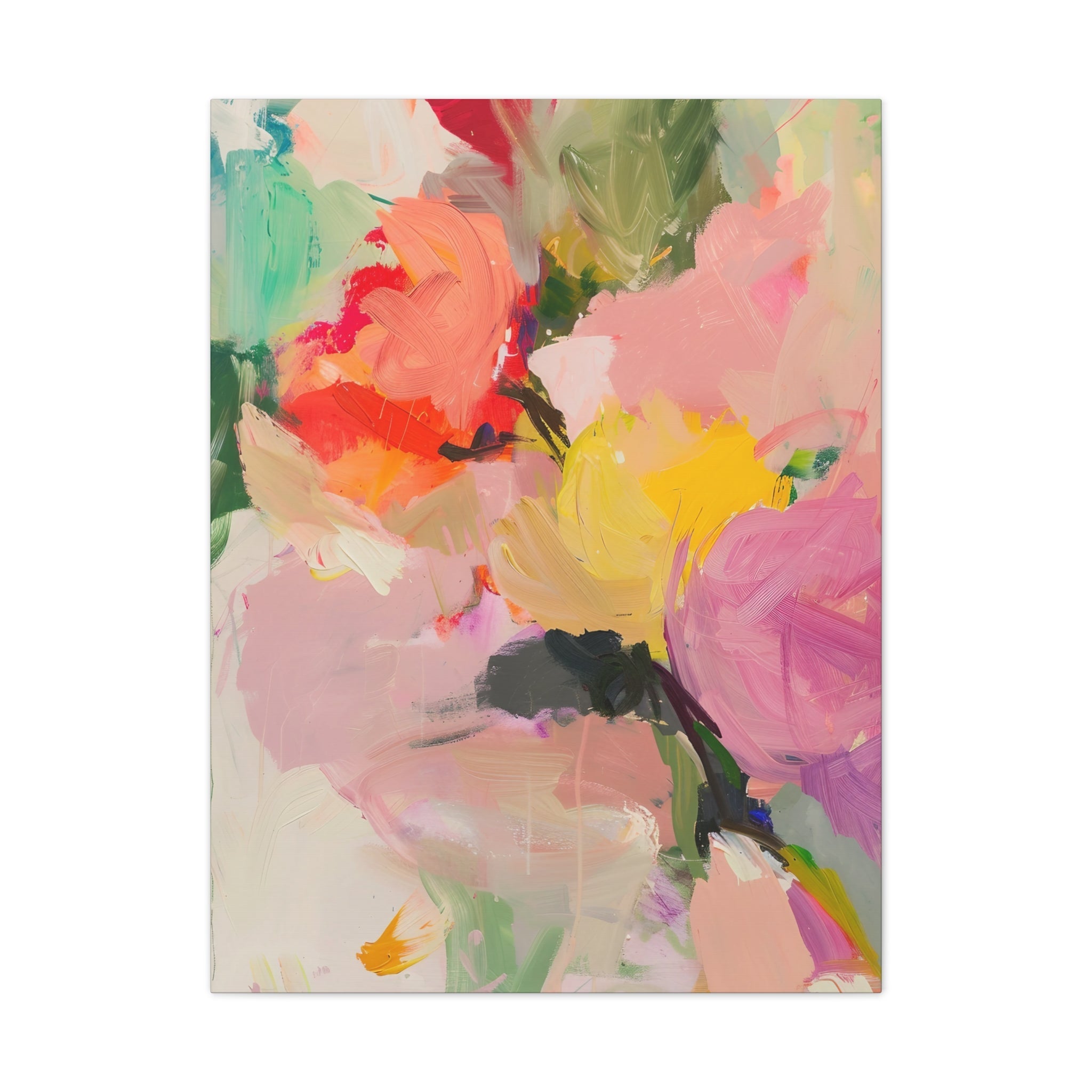 Abstract Floral Painting in Pink and Yellow with Soft Brush Strokes and Paint Splatters - Craig Michael Design