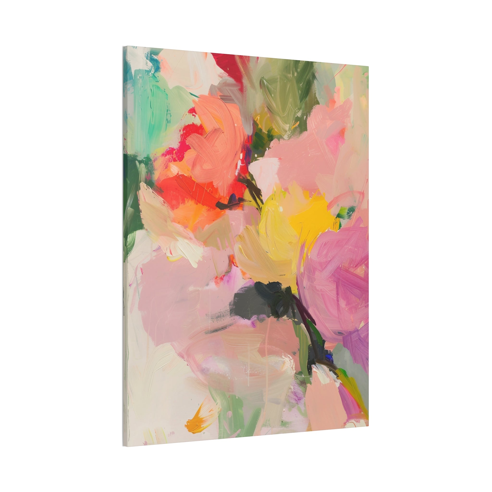 Abstract Floral Painting in Pink and Yellow with Soft Brush Strokes and Paint Splatters - Craig Michael Design