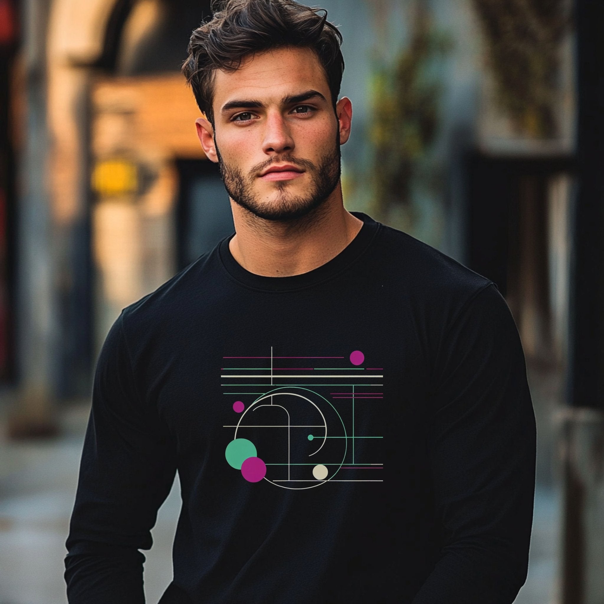 Abstract Geometric Design Long Sleeve T-Shirt, Modern Art Pattern Tee, Minimalist Lines and Circles Graphic Shirt - Craig Michael Design