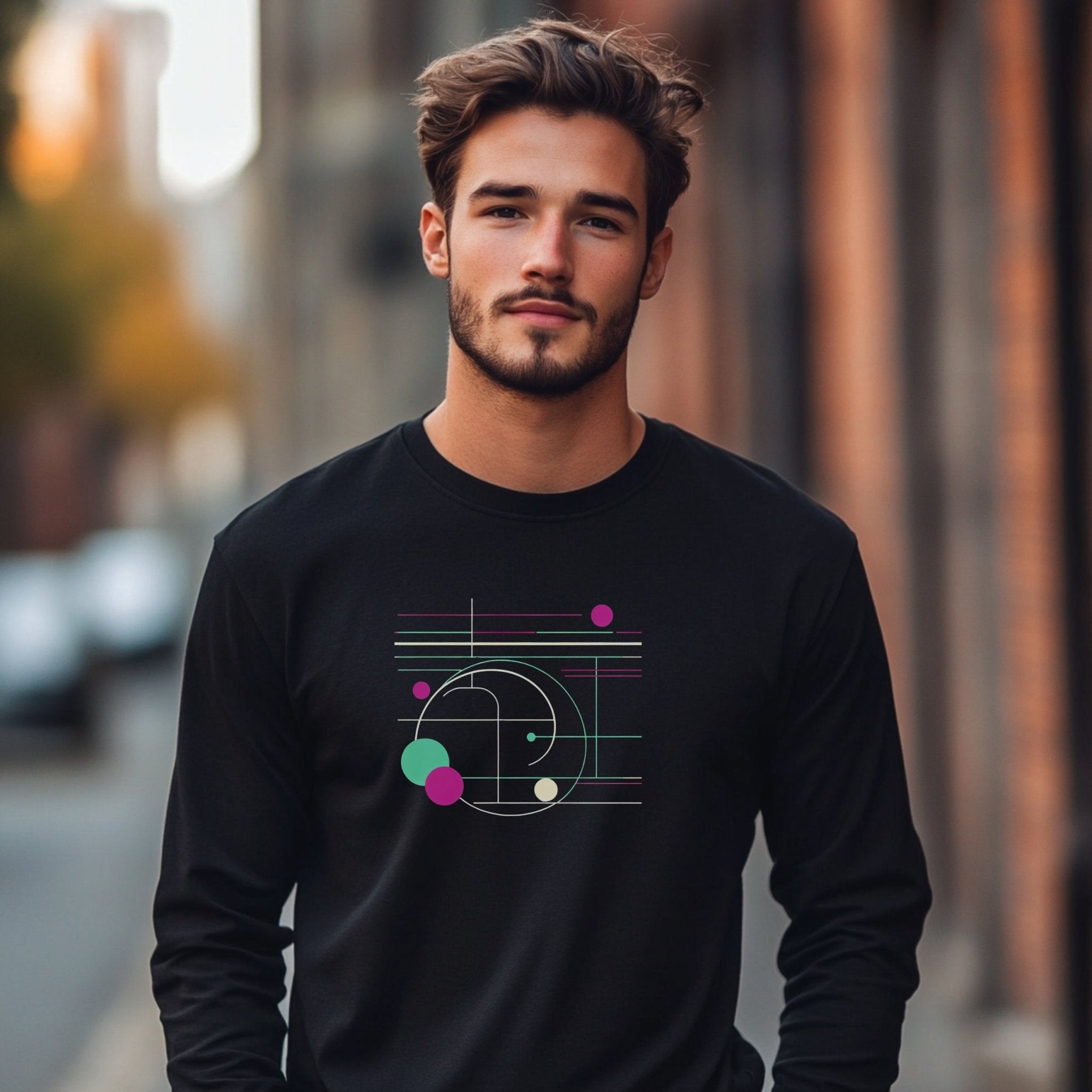 Abstract Geometric Design Long Sleeve T-Shirt, Modern Art Pattern Tee, Minimalist Lines and Circles Graphic Shirt - Craig Michael Design