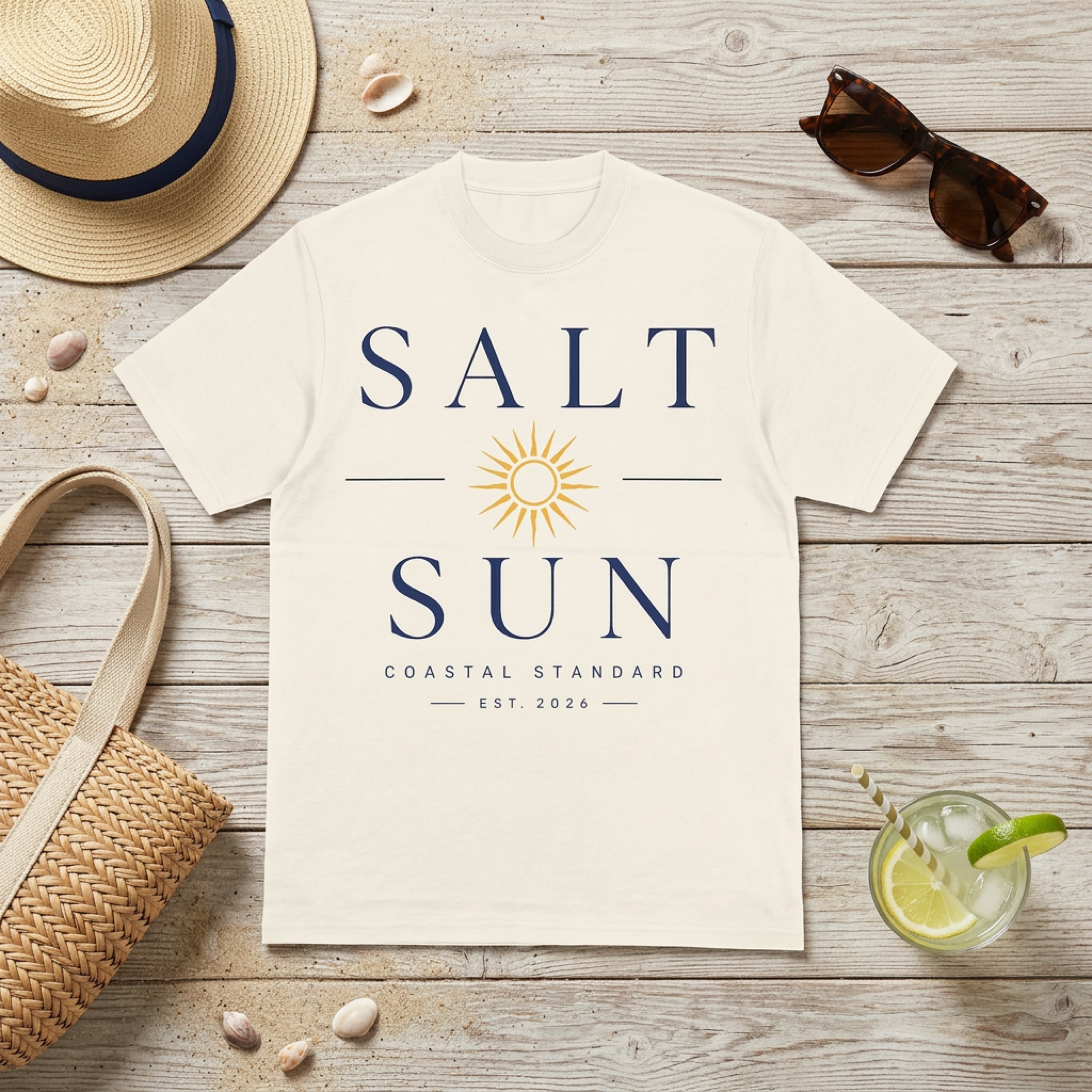 Cream t-shirt with "SALT SUN COASTAL STANDARD EST. 2026" graphic.
