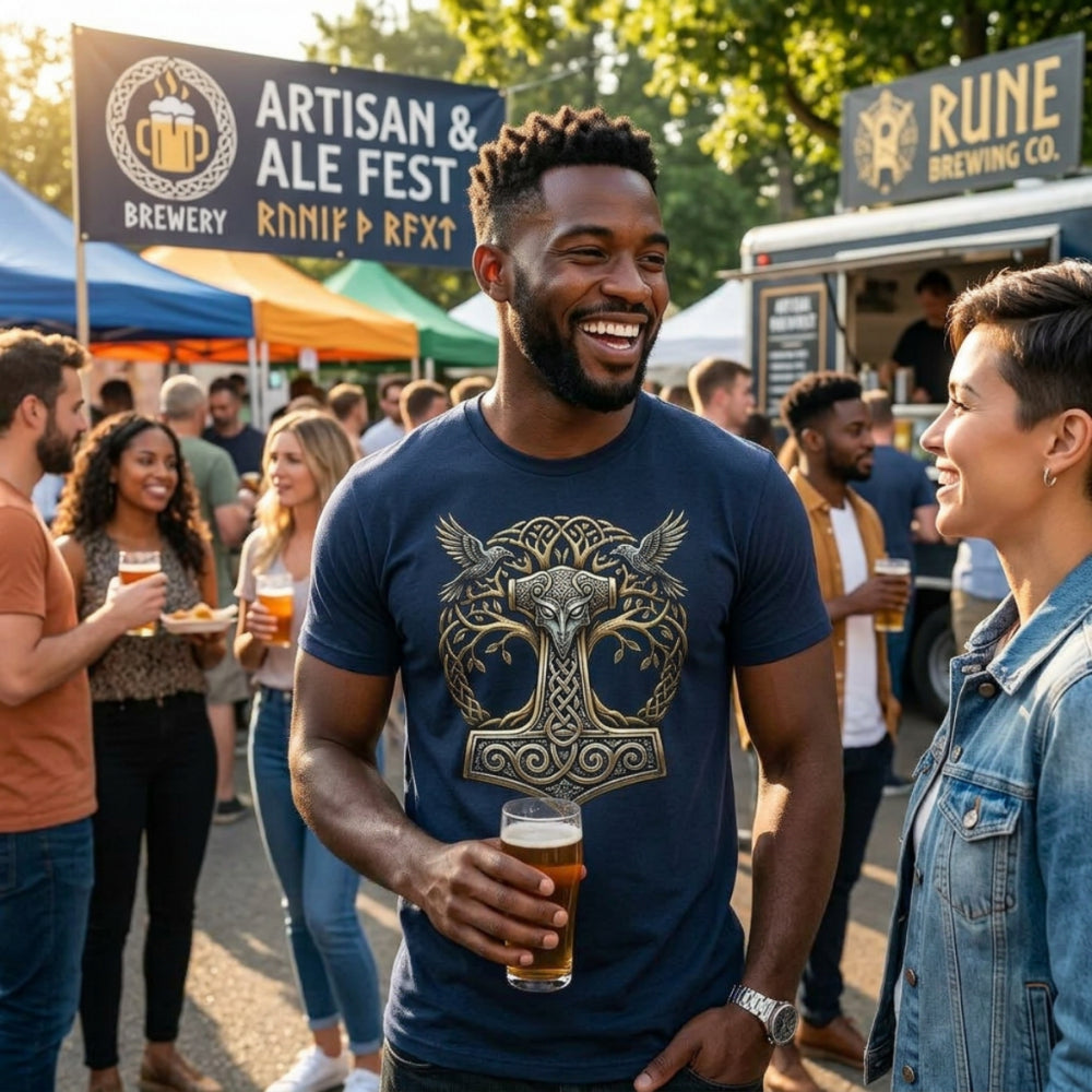 Man in Viking-themed t-shirt holding beer at Artisan & Ale Fest.