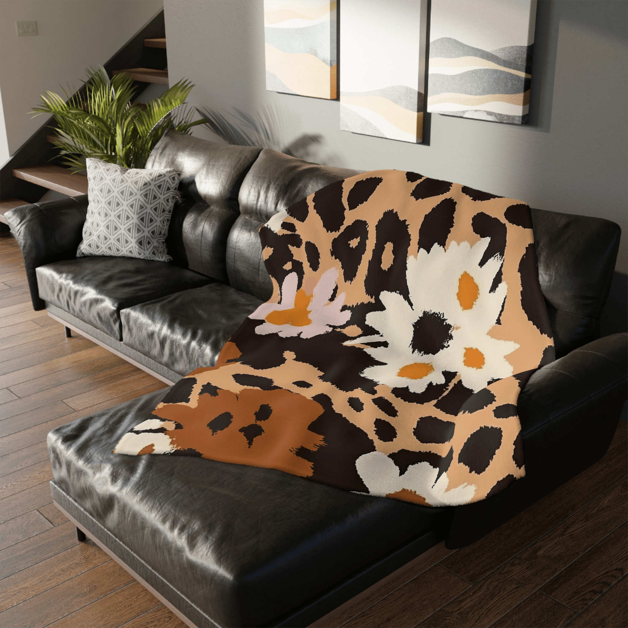 African Inspired Floral Leopard Print Blanket, Cozy Home Decor Accent, Unique Animal and Flower Pattern Throw, Soft Warm Blanket - Craig Michael Design