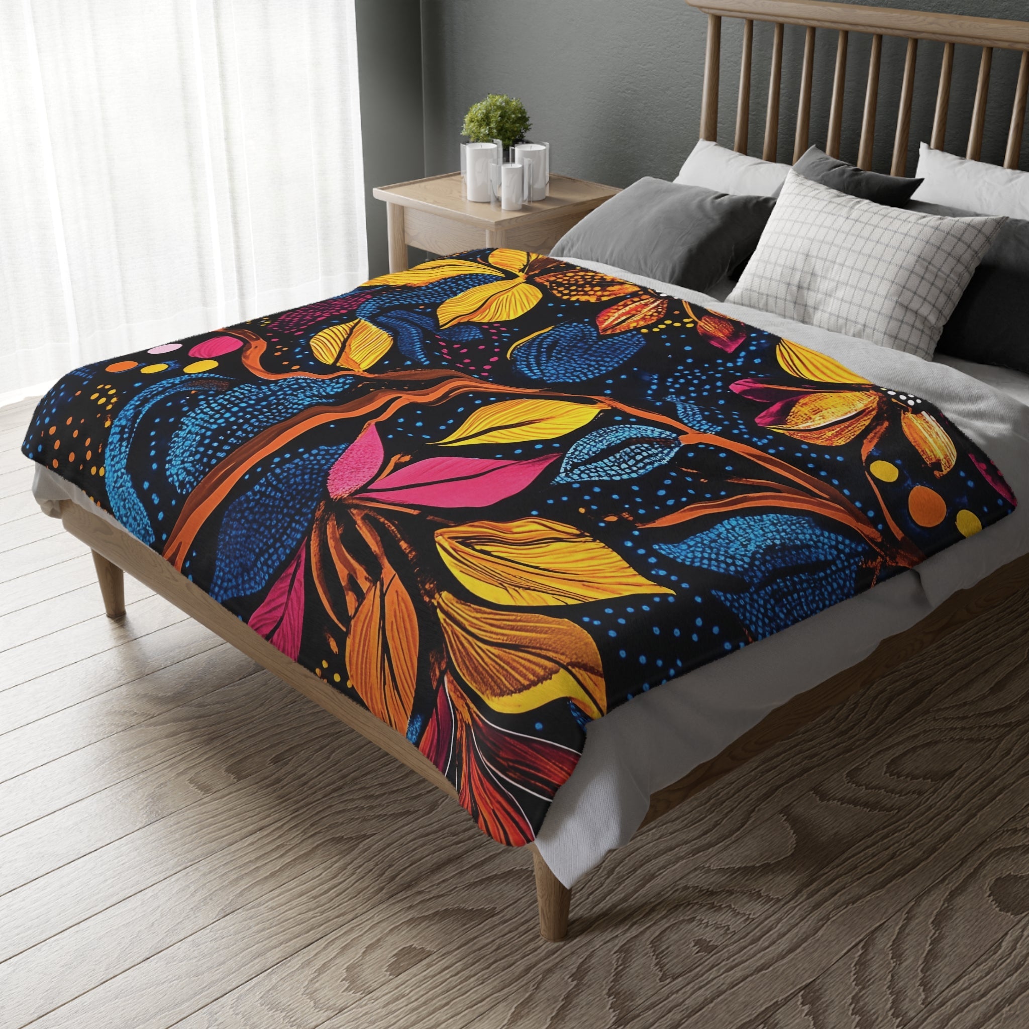 African Inspired Floral Pattern Blanket, Vibrant Tropical Leaves Blanket, Colorful Bedding Throw Blanket, Bohemian Bedspread - Craig Michael Design