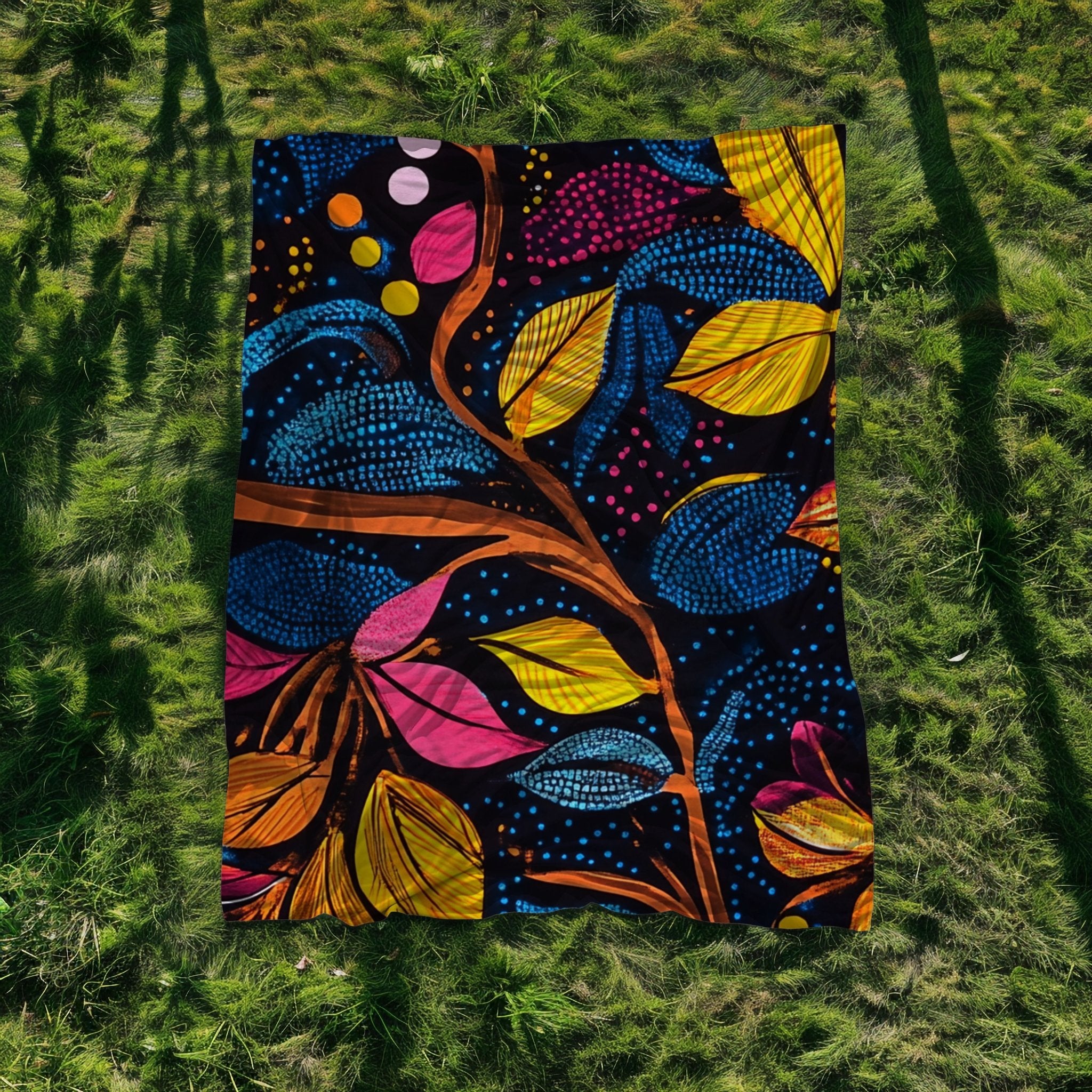 African Inspired Floral Pattern Blanket, Vibrant Tropical Leaves Blanket, Colorful Bedding Throw Blanket, Bohemian Bedspread - Craig Michael Design