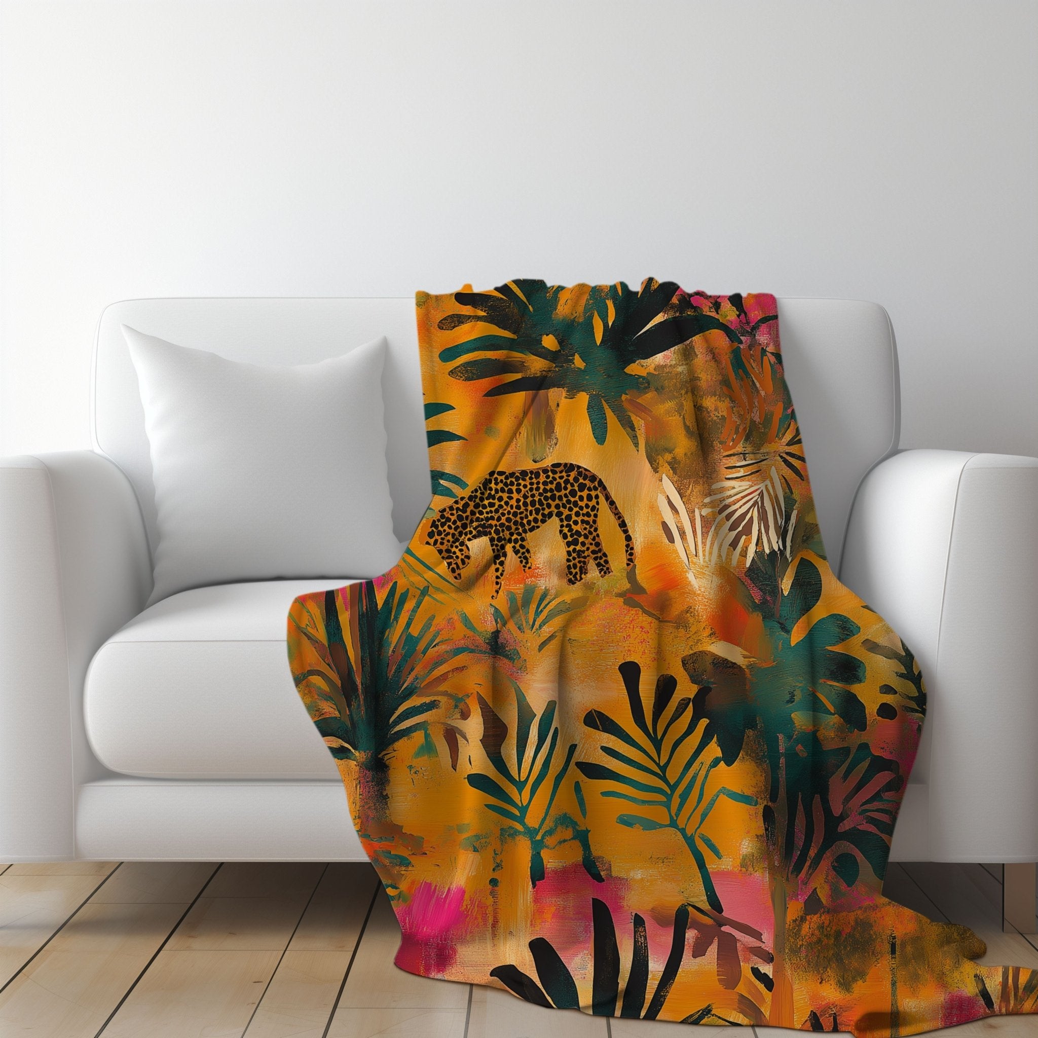 African Inspired Jungle Animal Print Blanket, Safari Theme Bedding Decor, Vibrant Wildlife Art, Colourful Tropical Throw Blanket - Craig Michael Design