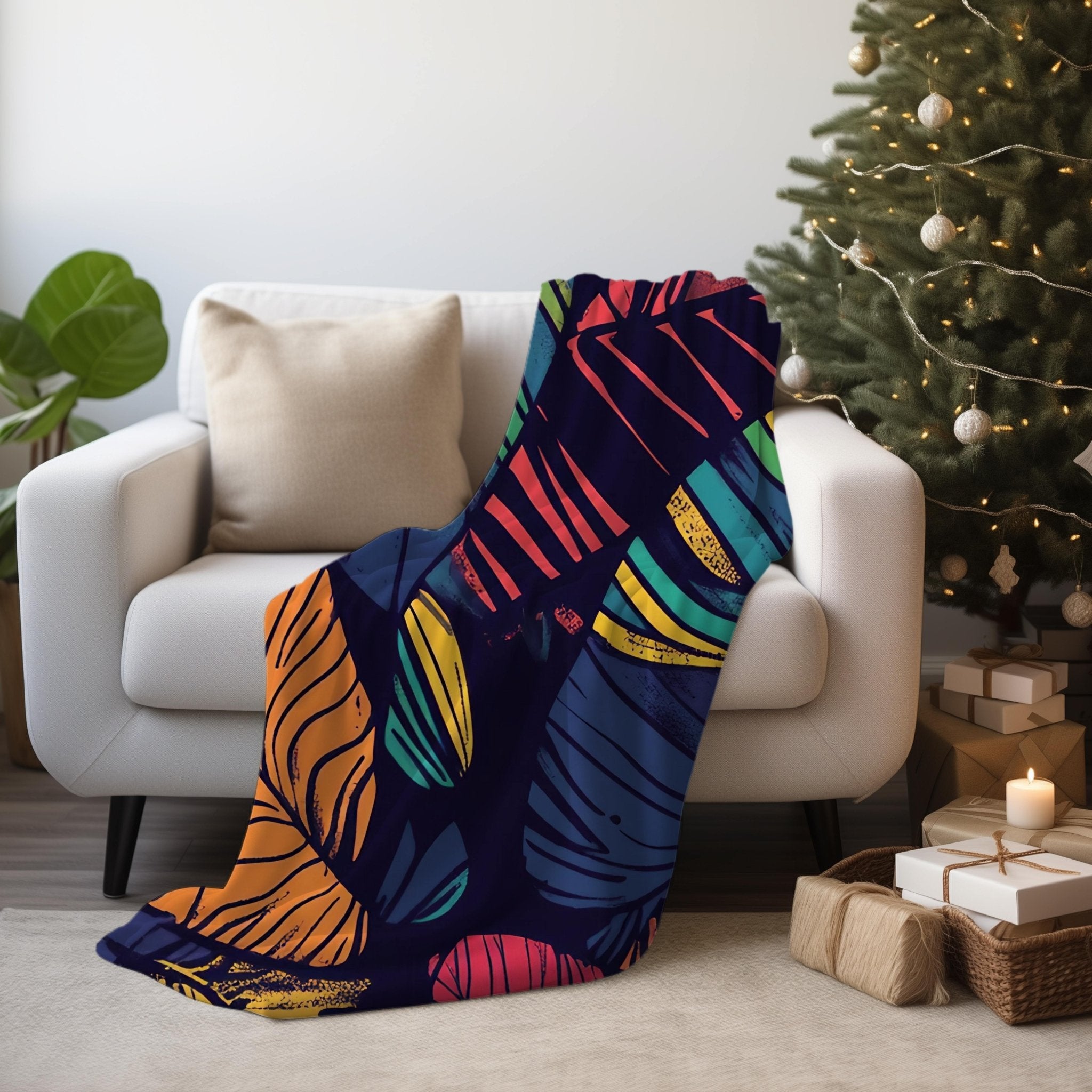 African Inspired Leaves Design Blanket, Colourful Pattern Throw Blanket, Cozy Tropical Leaf Blanket, Vibrant Home Decor, Artistic Quilt - Craig Michael Design