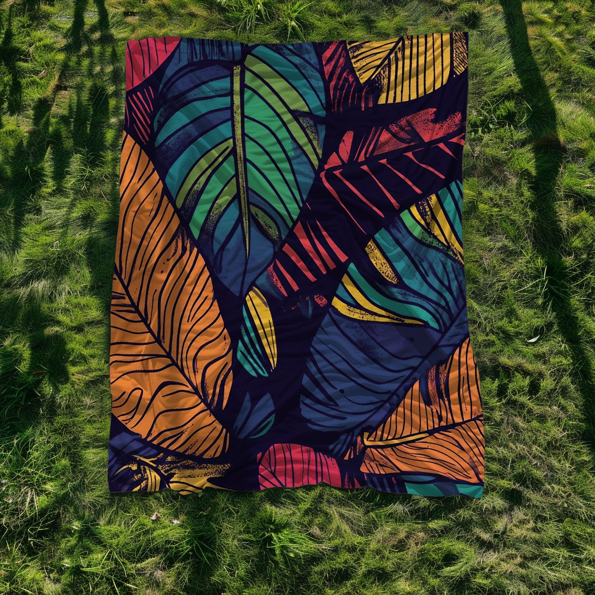 African Inspired Leaves Design Blanket, Colourful Pattern Throw Blanket, Cozy Tropical Leaf Blanket, Vibrant Home Decor, Artistic Quilt - Craig Michael Design