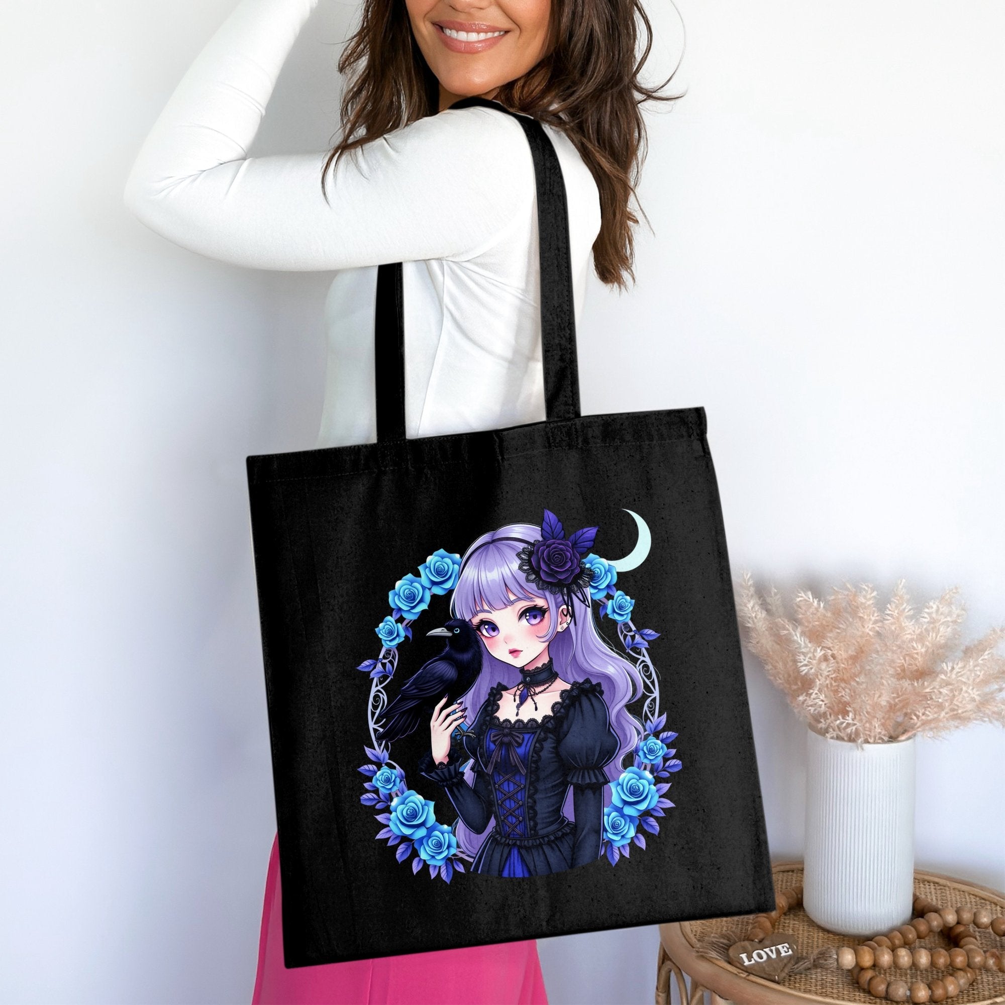 Anime Gothic Girl Tote Bag, Cute Gothic Raven Art Print, Purple and Black Bag for Women, Stylish Anime Girl Bag, Unique Gift Idea - Craig Michael Design