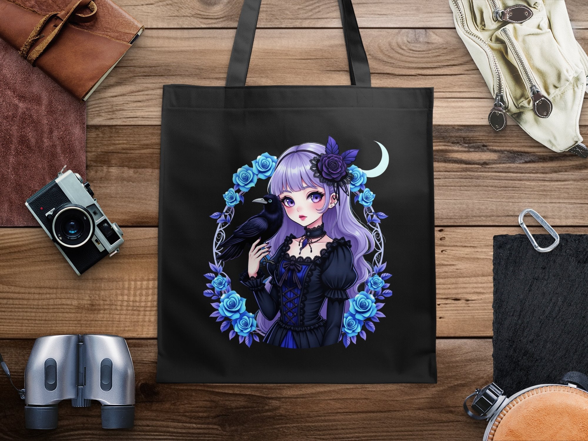 Anime Gothic Girl Tote Bag, Cute Gothic Raven Art Print, Purple and Black Bag for Women, Stylish Anime Girl Bag, Unique Gift Idea - Craig Michael Design