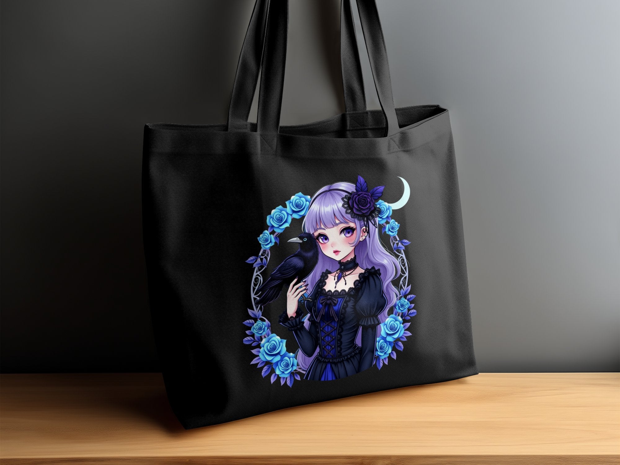 Anime Gothic Girl Tote Bag, Cute Gothic Raven Art Print, Purple and Black Bag for Women, Stylish Anime Girl Bag, Unique Gift Idea - Craig Michael Design