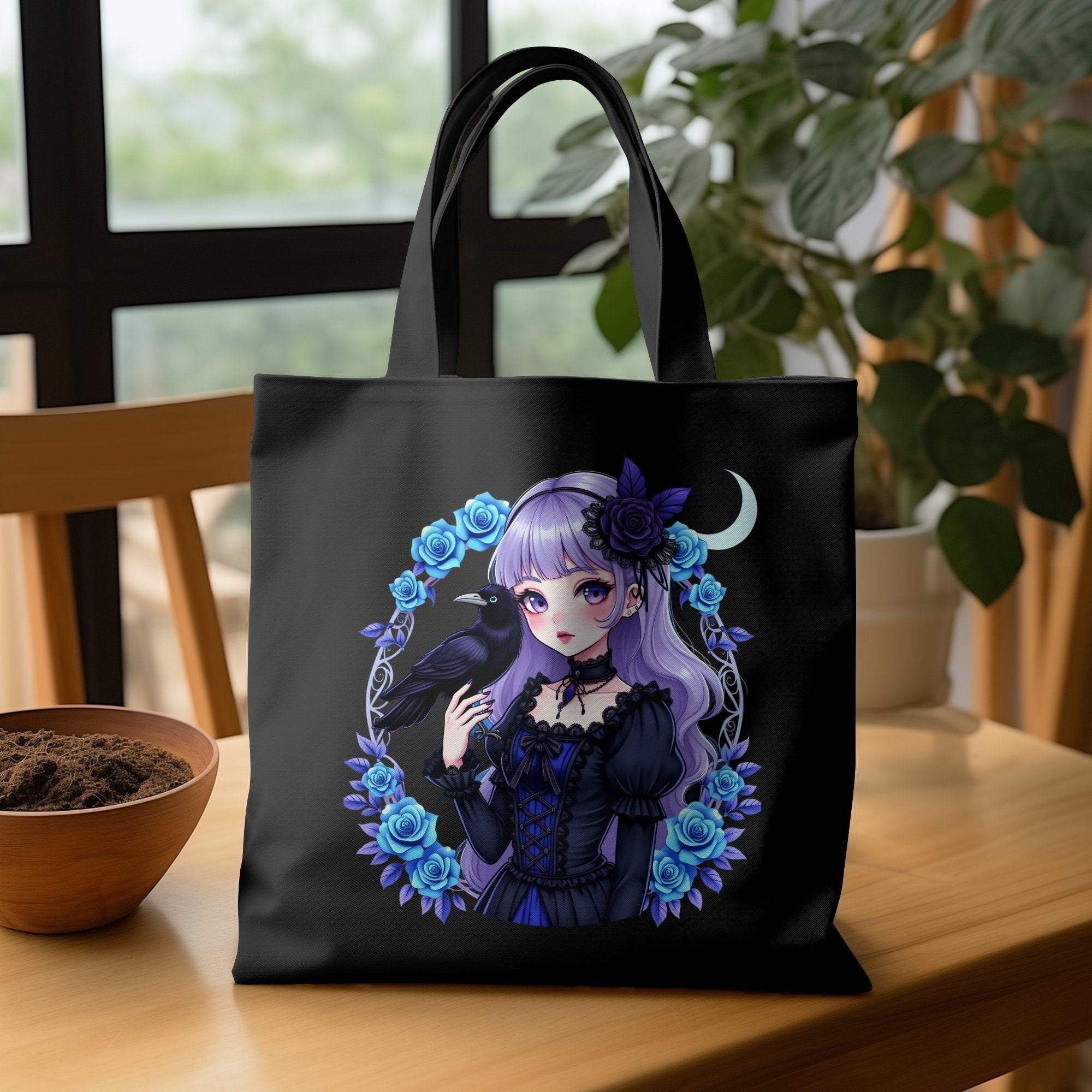 Anime Gothic Girl Tote Bag, Cute Gothic Raven Art Print, Purple and Black Bag for Women, Stylish Anime Girl Bag, Unique Gift Idea - Craig Michael Design