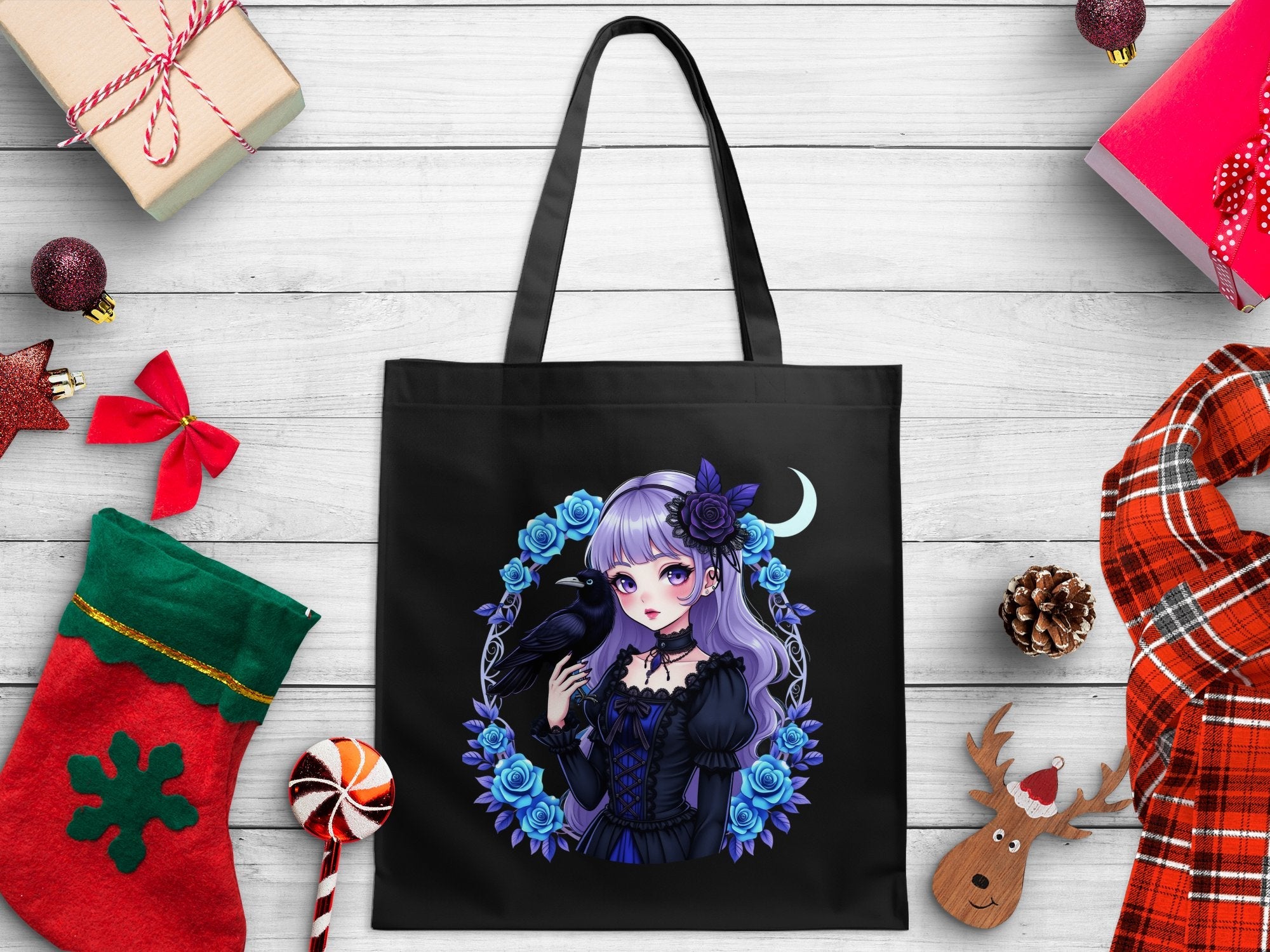 Anime Gothic Girl Tote Bag, Cute Gothic Raven Art Print, Purple and Black Bag for Women, Stylish Anime Girl Bag, Unique Gift Idea - Craig Michael Design