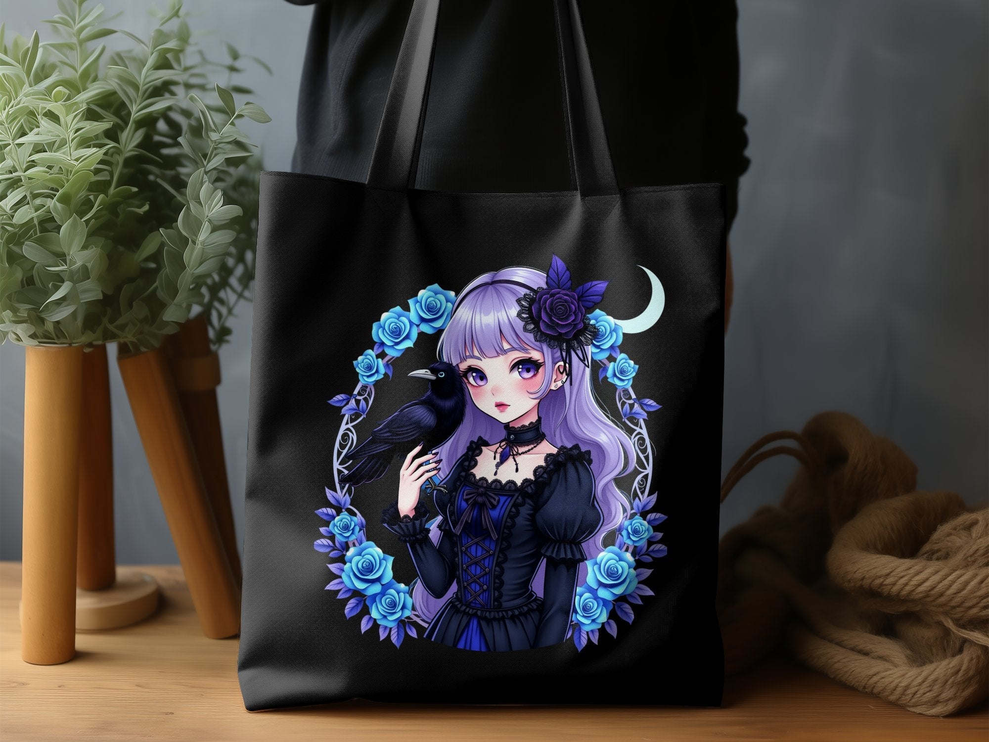 Anime Gothic Girl Tote Bag, Cute Gothic Raven Art Print, Purple and Black Bag for Women, Stylish Anime Girl Bag, Unique Gift Idea - Craig Michael Design