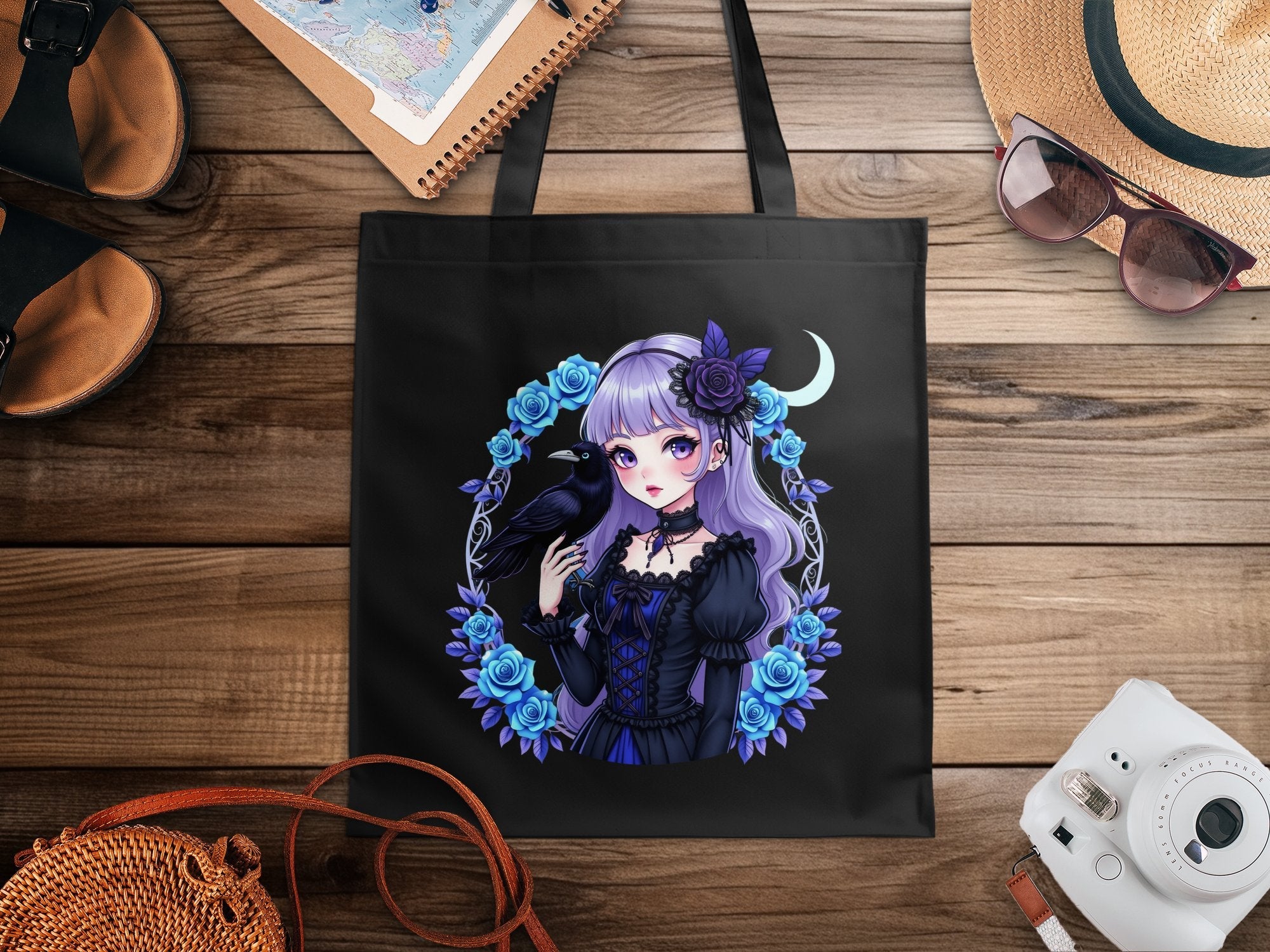 Anime Gothic Girl Tote Bag, Cute Gothic Raven Art Print, Purple and Black Bag for Women, Stylish Anime Girl Bag, Unique Gift Idea - Craig Michael Design