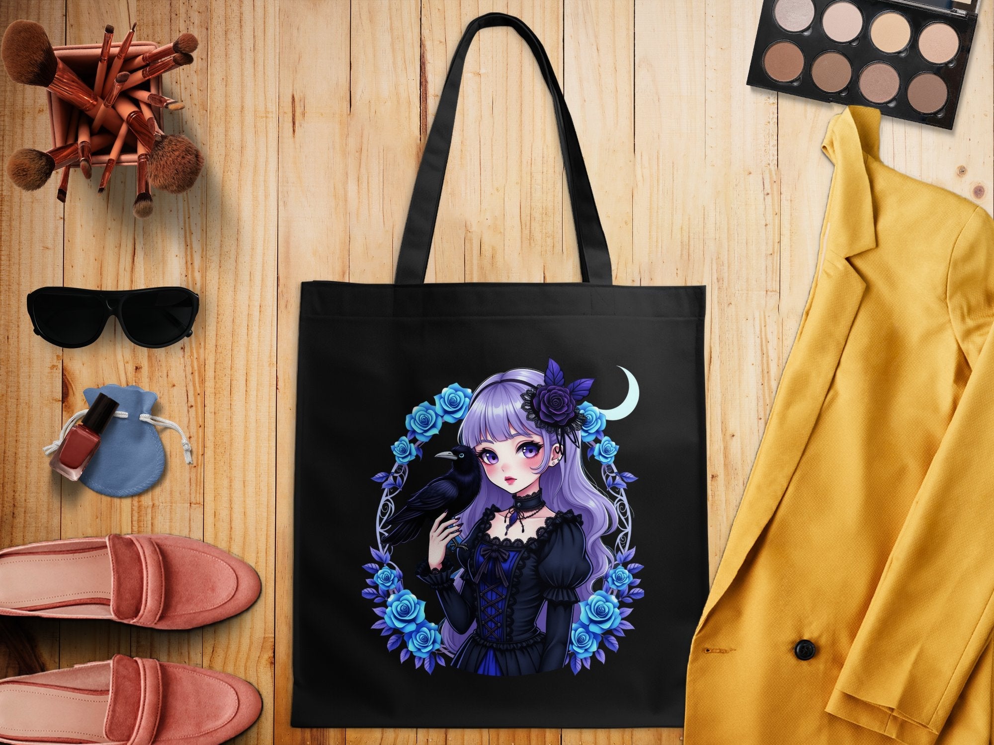 Anime Gothic Girl Tote Bag, Cute Gothic Raven Art Print, Purple and Black Bag for Women, Stylish Anime Girl Bag, Unique Gift Idea - Craig Michael Design