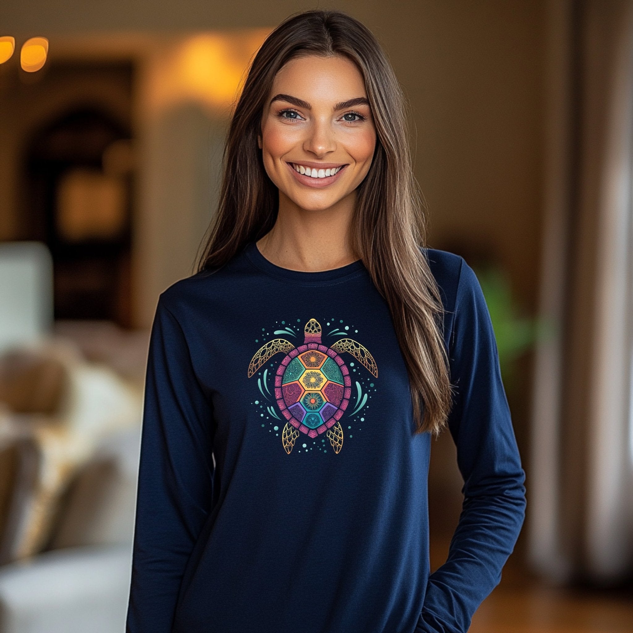 Artistic Turtle Mandala Long Sleeve T-shirt, Colorful Turtle Print, Unique Sea Life Illustration Tee, Bohemian Turtle Design, Casual Wear - Craig Michael Design