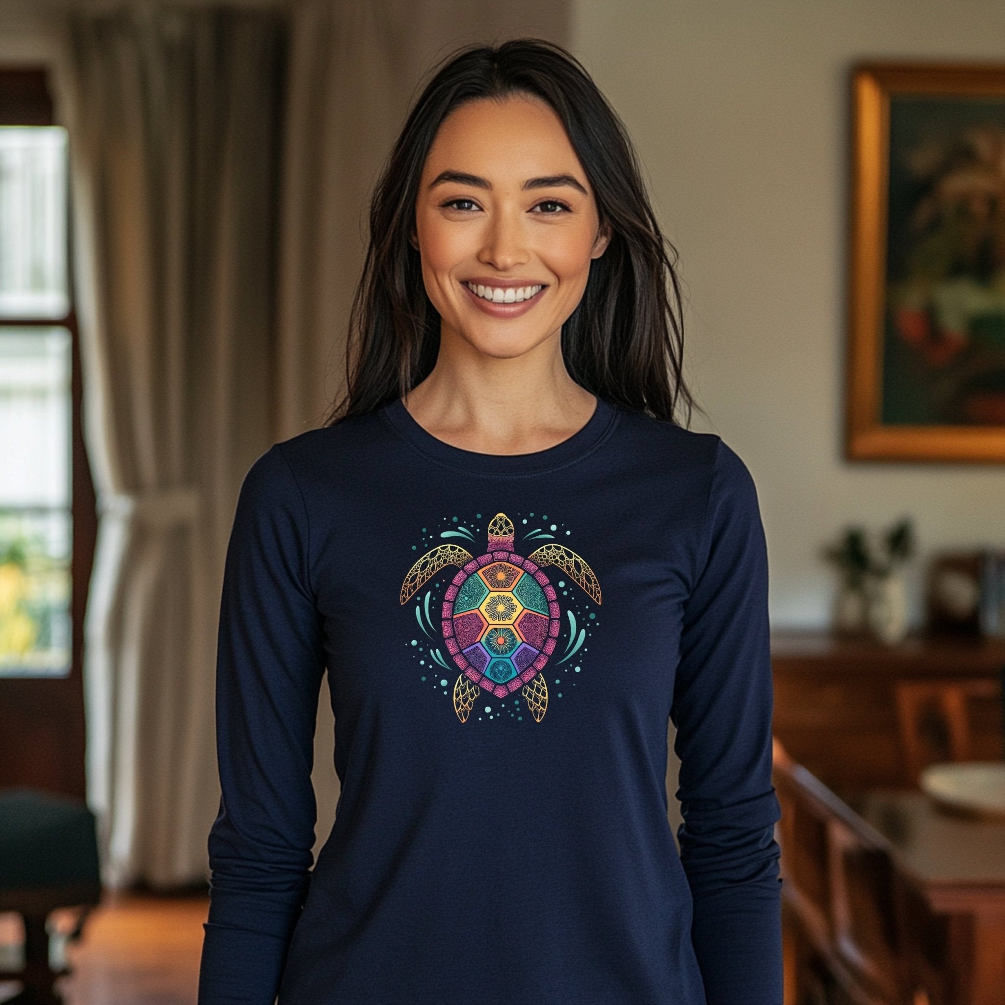 Artistic Turtle Mandala Long Sleeve T-shirt, Colorful Turtle Print, Unique Sea Life Illustration Tee, Bohemian Turtle Design, Casual Wear - Craig Michael Design