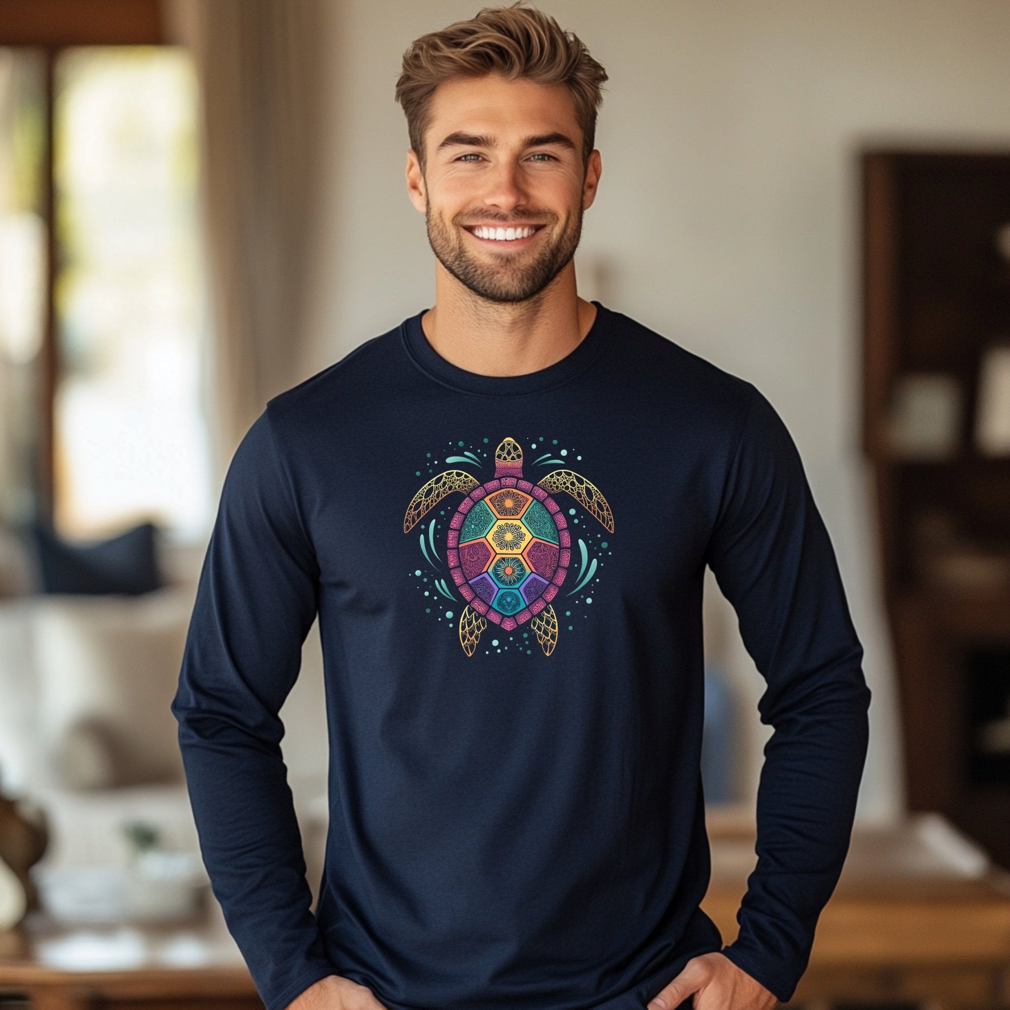 Artistic Turtle Mandala Long Sleeve T-shirt, Colorful Turtle Print, Unique Sea Life Illustration Tee, Bohemian Turtle Design, Casual Wear - Craig Michael Design