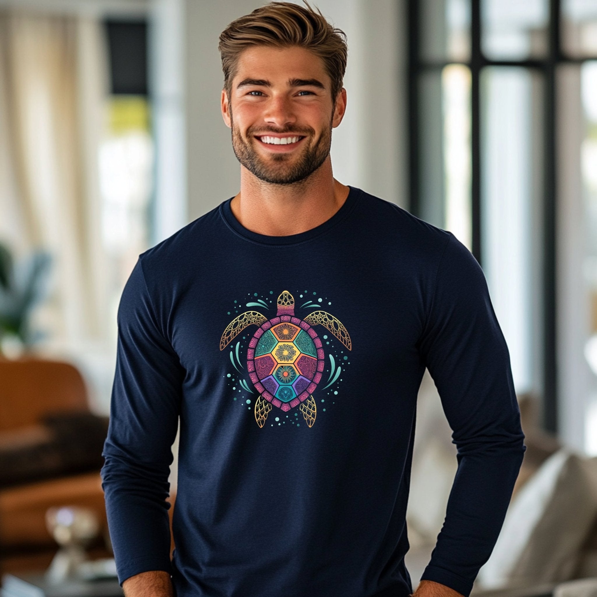 Artistic Turtle Mandala Long Sleeve T-shirt, Colorful Turtle Print, Unique Sea Life Illustration Tee, Bohemian Turtle Design, Casual Wear - Craig Michael Design