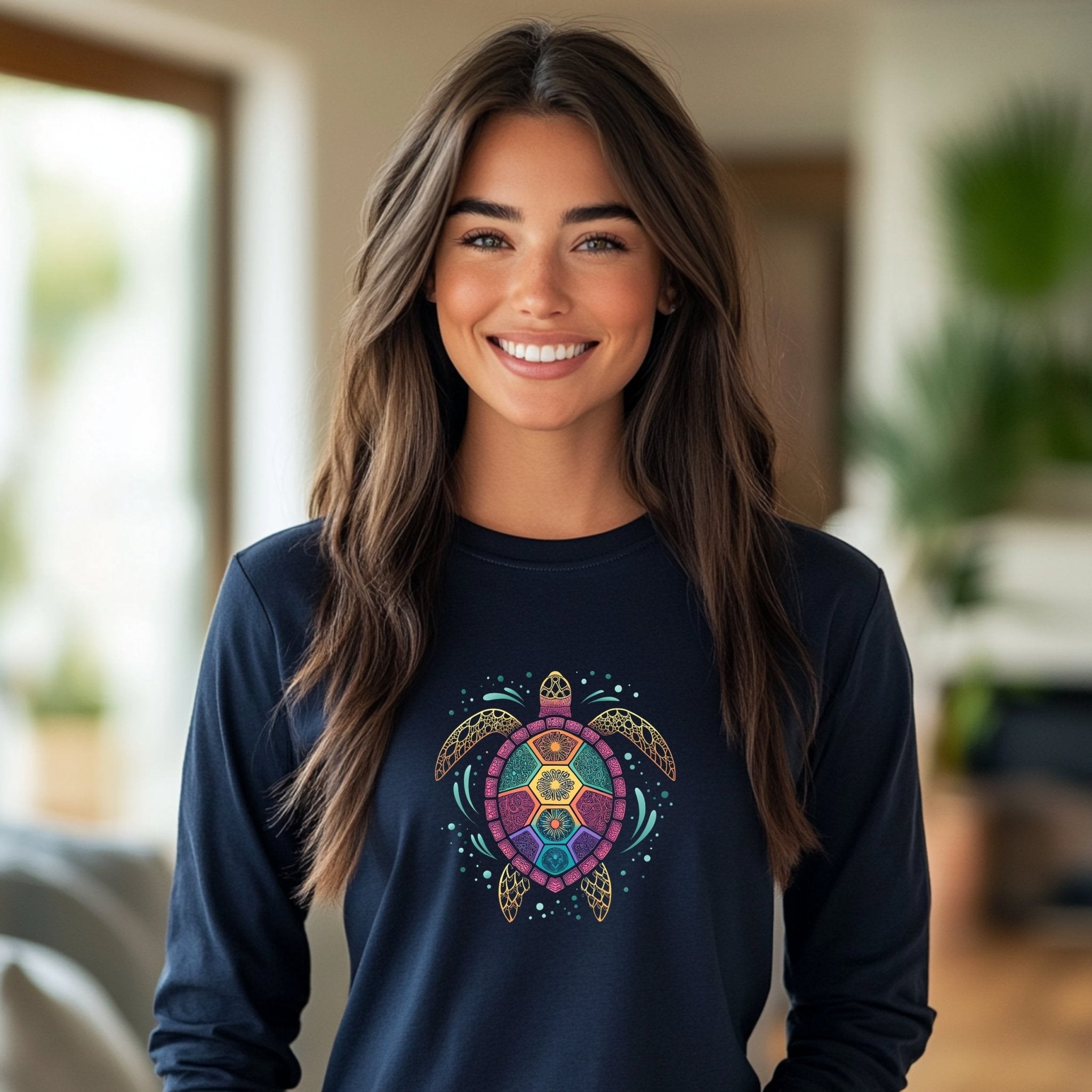 Artistic Turtle Mandala Long Sleeve T-shirt, Colorful Turtle Print, Unique Sea Life Illustration Tee, Bohemian Turtle Design, Casual Wear - Craig Michael Design