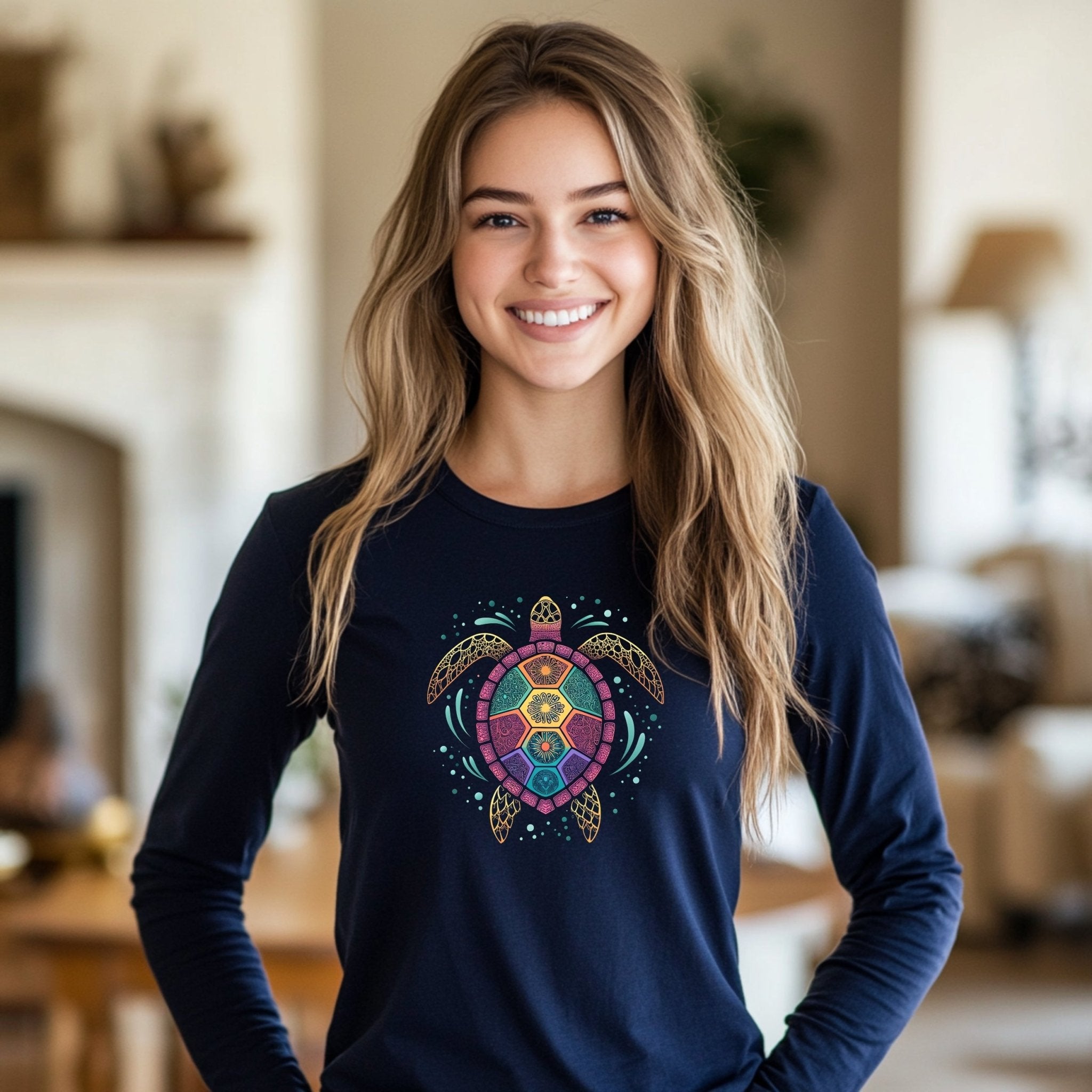 Artistic Turtle Mandala Long Sleeve T-shirt, Colorful Turtle Print, Unique Sea Life Illustration Tee, Bohemian Turtle Design, Casual Wear - Craig Michael Design