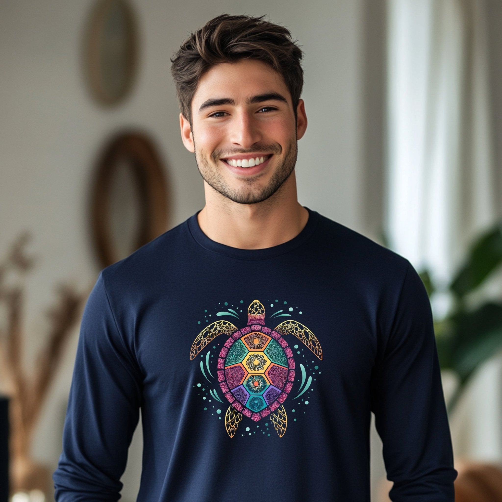 Artistic Turtle Mandala Long Sleeve T-shirt, Colorful Turtle Print, Unique Sea Life Illustration Tee, Bohemian Turtle Design, Casual Wear - Craig Michael Design