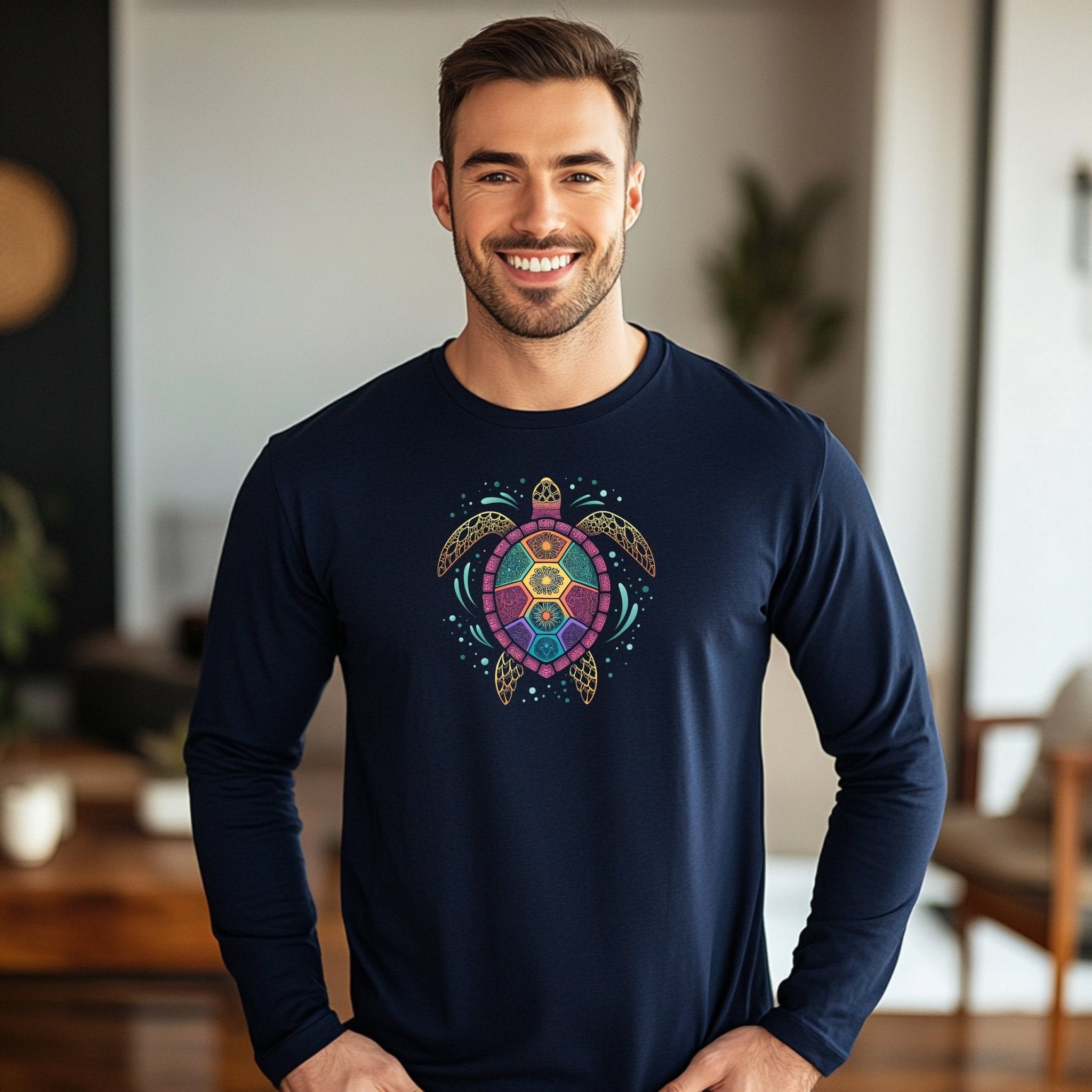 Artistic Turtle Mandala Long Sleeve T-shirt, Colorful Turtle Print, Unique Sea Life Illustration Tee, Bohemian Turtle Design, Casual Wear - Craig Michael Design