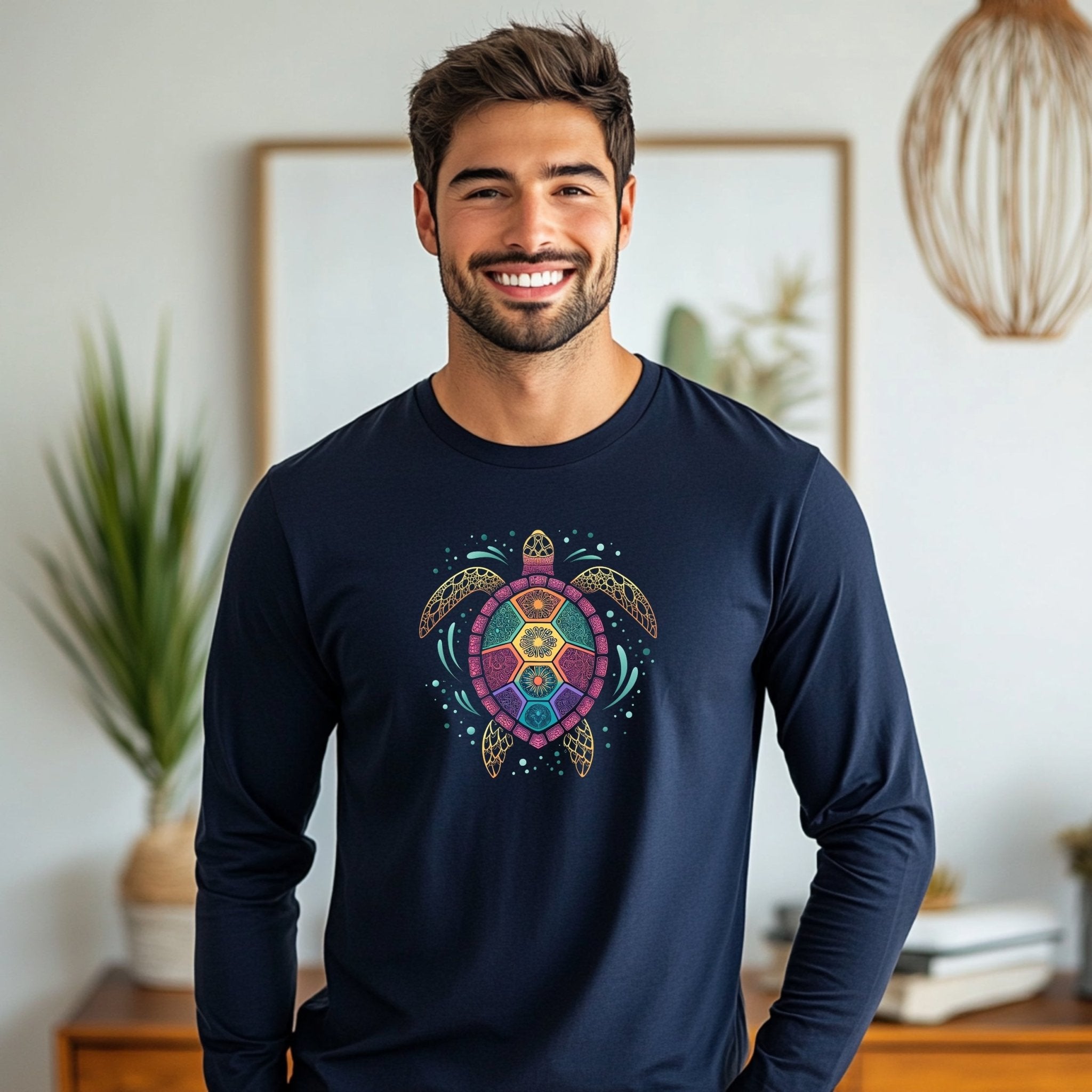 Artistic Turtle Mandala Long Sleeve T-shirt, Colorful Turtle Print, Unique Sea Life Illustration Tee, Bohemian Turtle Design, Casual Wear - Craig Michael Design